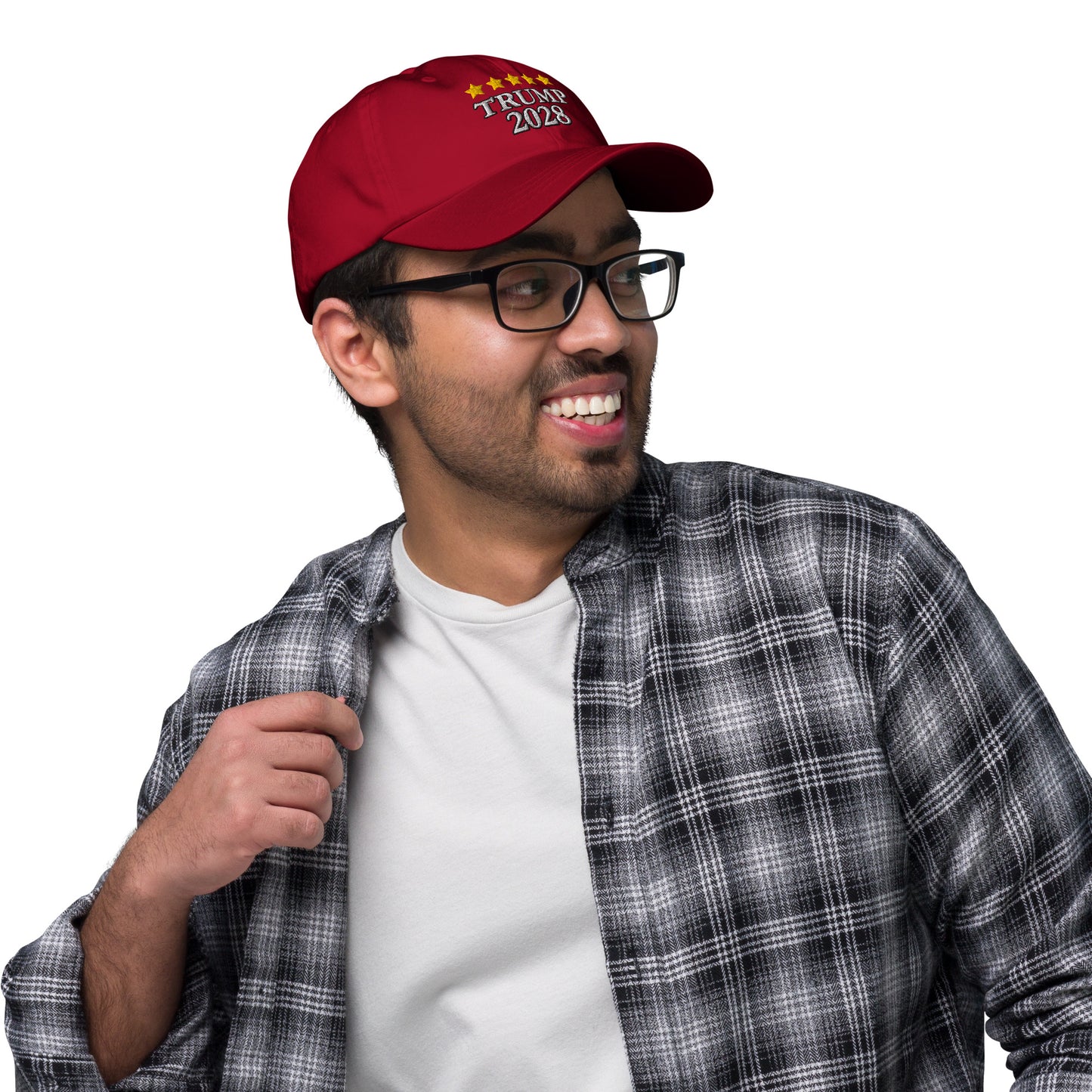 Side profile of smiling man in glasses and plaid shirt rocking red "Trump 2028" embroidered hat