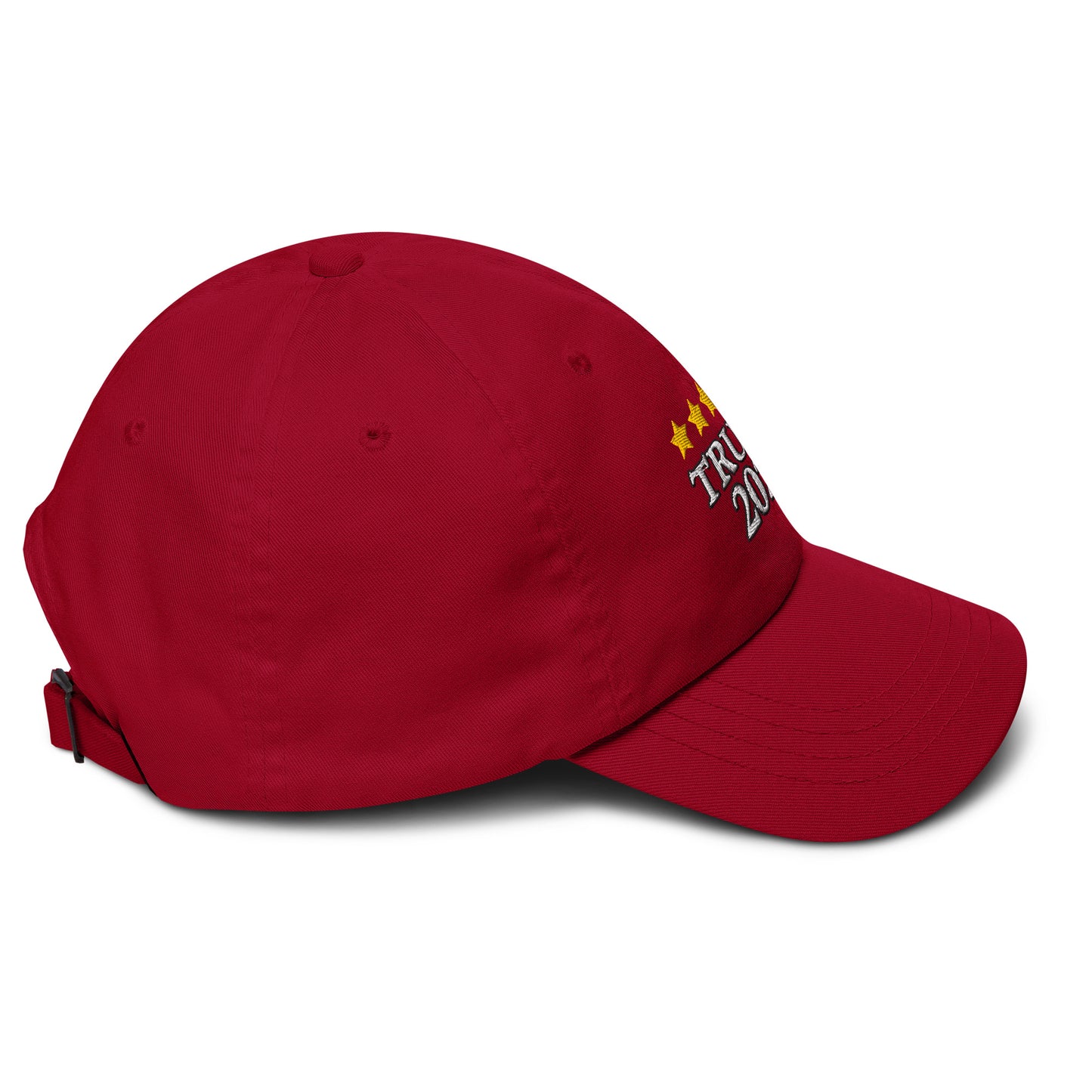Right side view of red unstructured hat showing curved visor and partial gold star "TRU 2028" embroidery