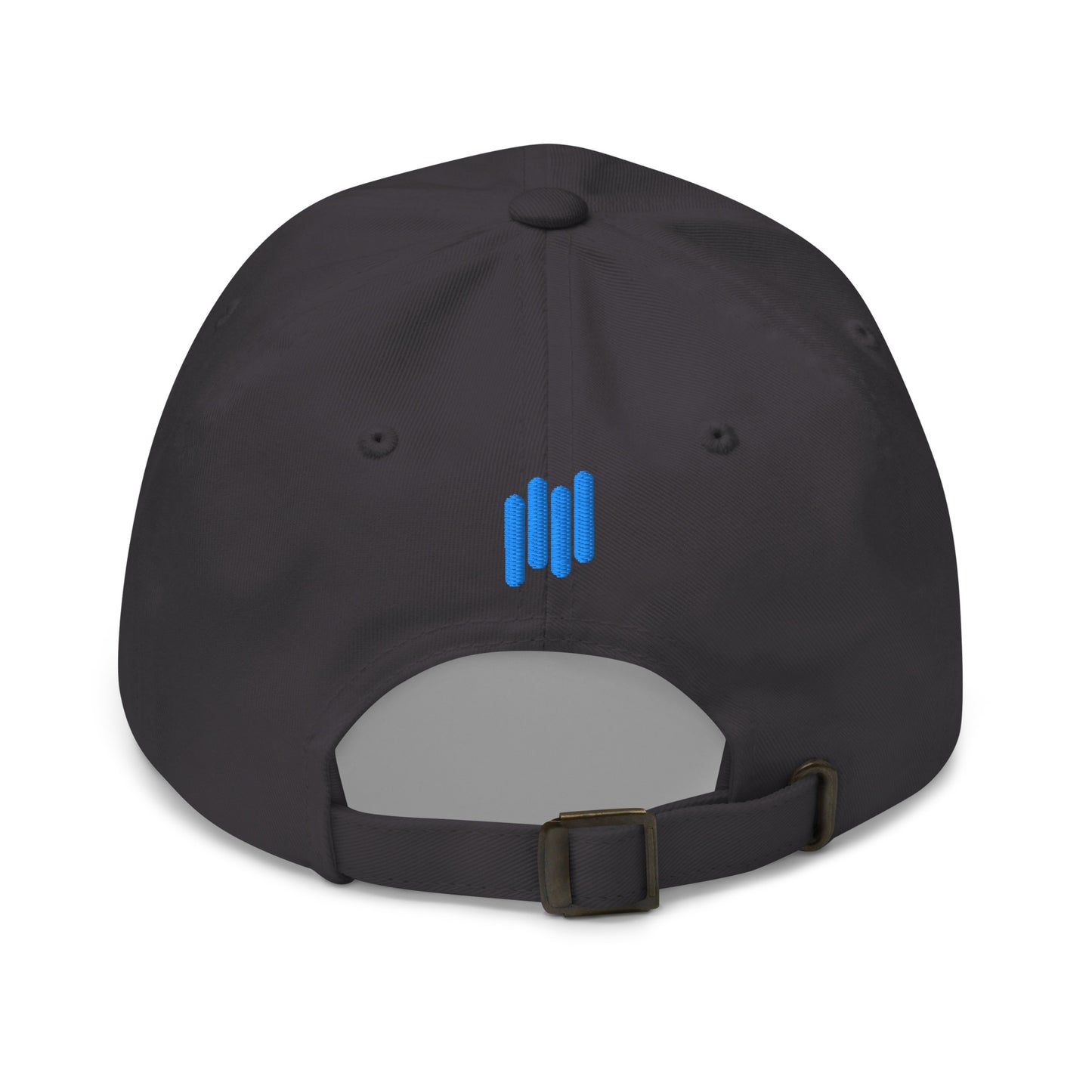 Back view of black unstructured hat with three blue signal bars embroidered