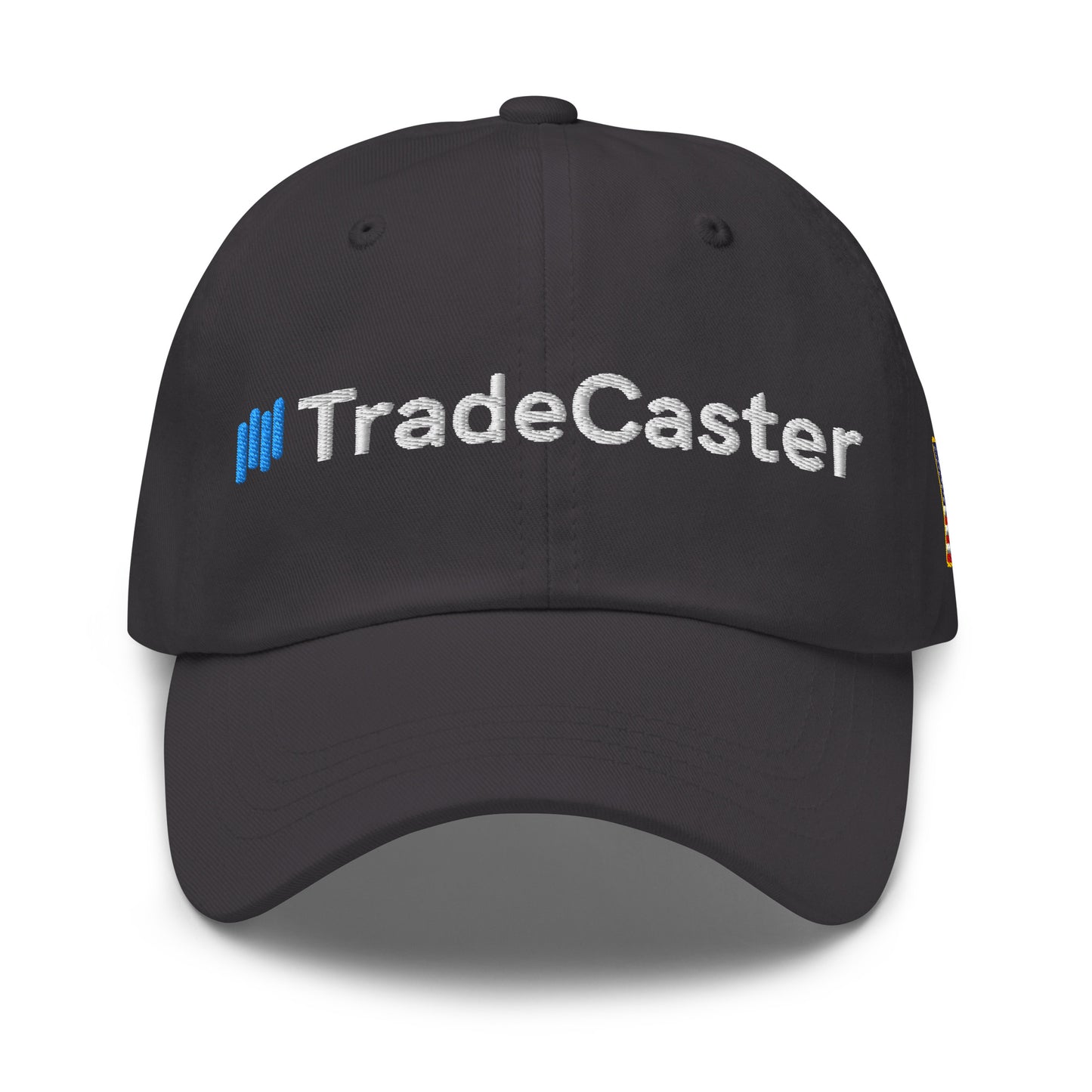 Front view of black unstructured cap with blue signal bars and white "TradeCaster" embroidery