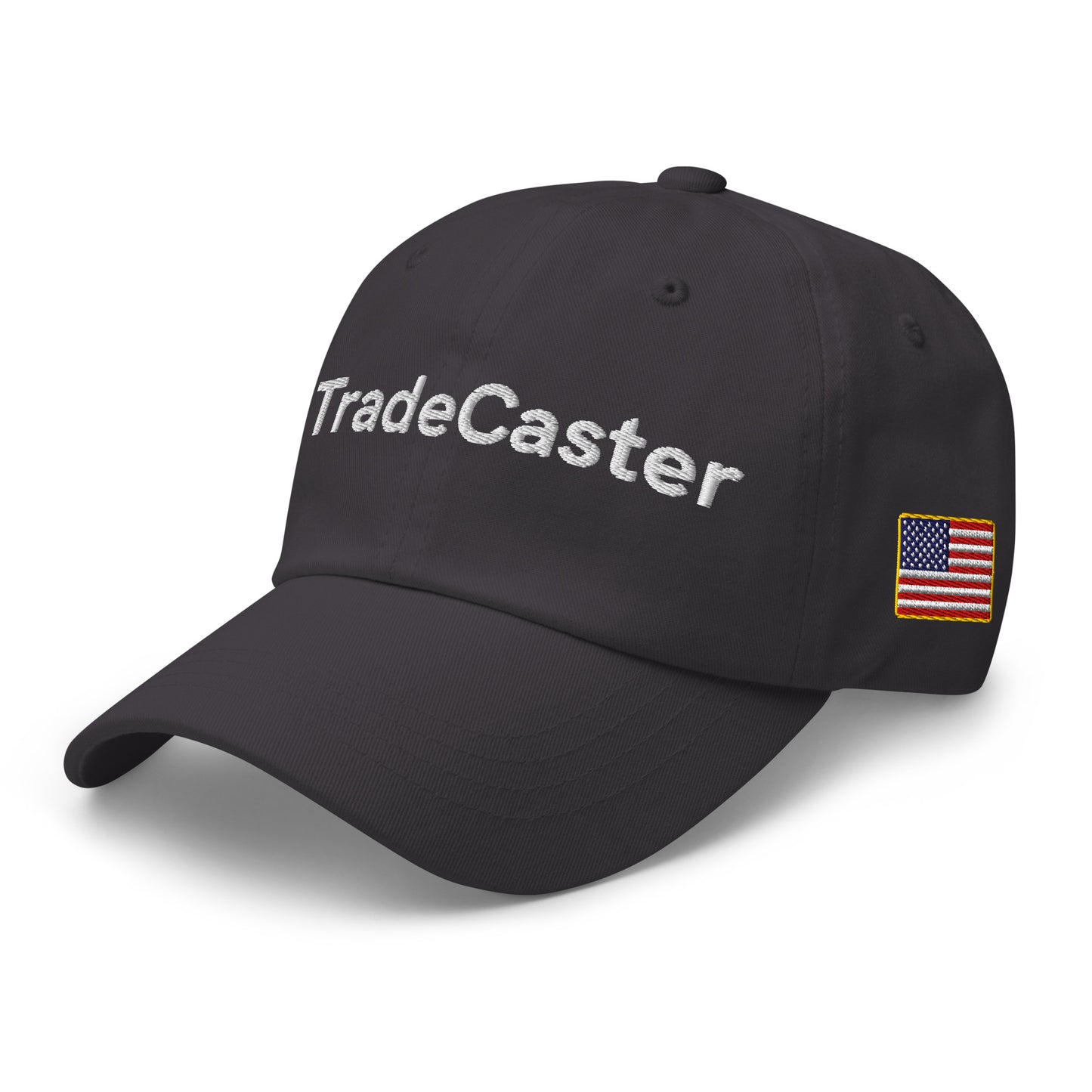 Angled side of black cap featuring "TradeCaster" embroidery and American flag patch
