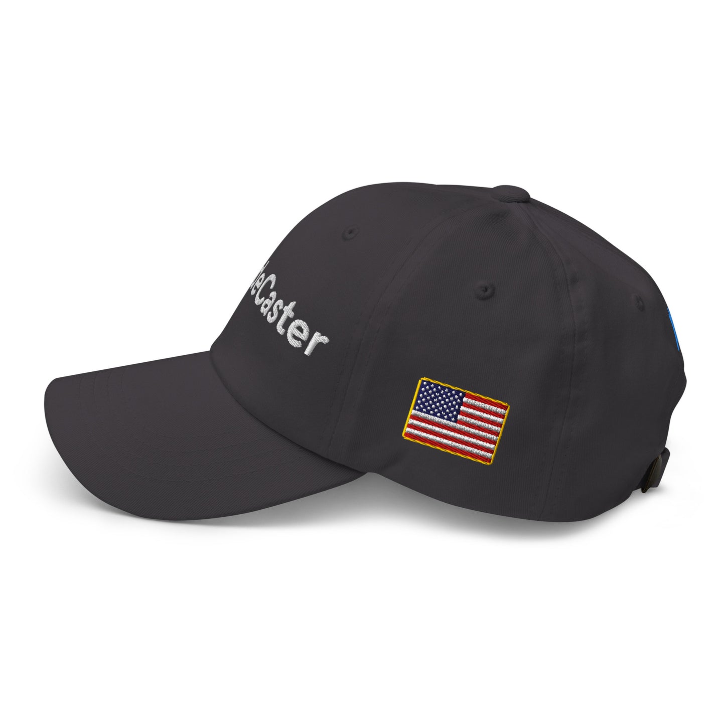 Side view of black hat with white "TradeCaster" embroidery, blue bars, and small US flag patch