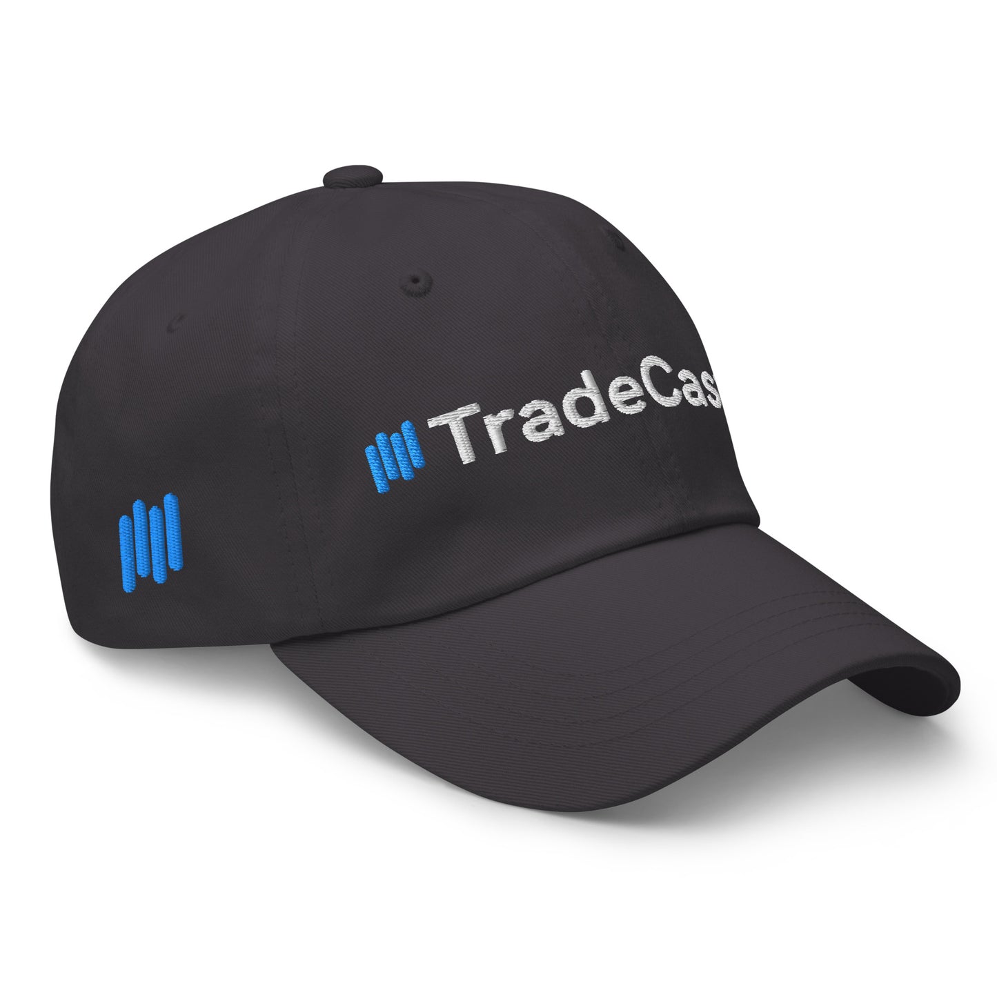 Left side angle on black TradeCaster cap with white "TradeCast" and blue bars
