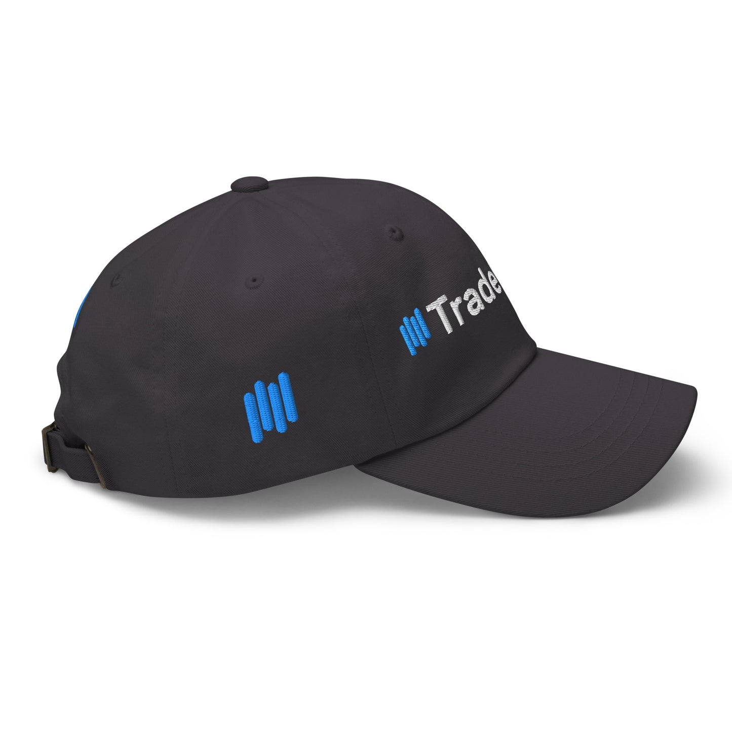 Right side view of black dad hat showing partial blue "|| Trade" embroidery