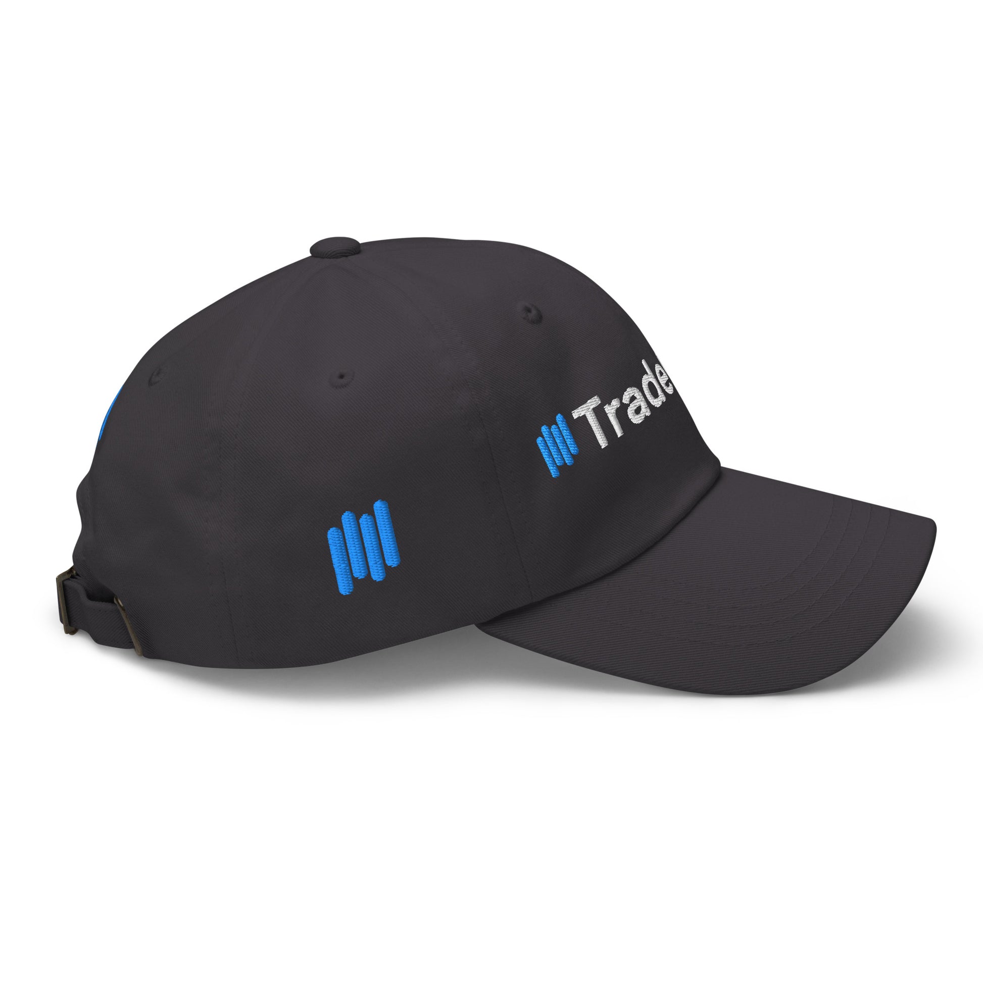 Right side view of black dad hat showing partial blue "|| Trade" embroidery