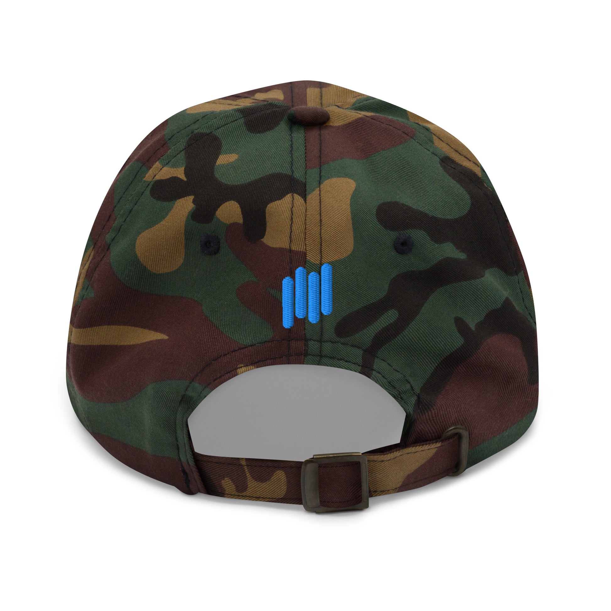 Back view of green camo unstructured cap with triple blue signal bar embroidery