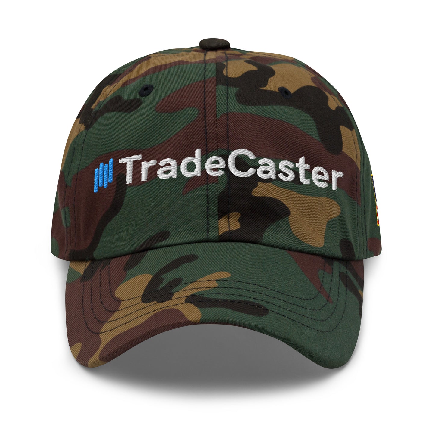 Front view of green camo TradeCaster hat with blue bars and white embroidery