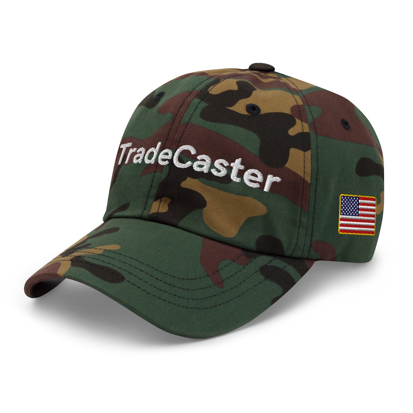 Angled side of camo TradeCaster hat displaying embroidery and American flag detail