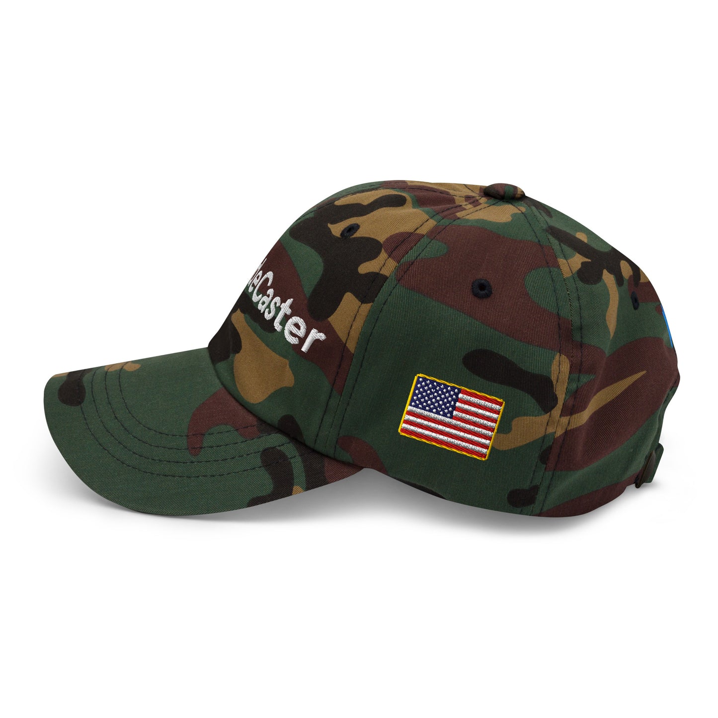 Side view of green camo cap with "TradeCaster" embroidery, blue bars, and US flag patch