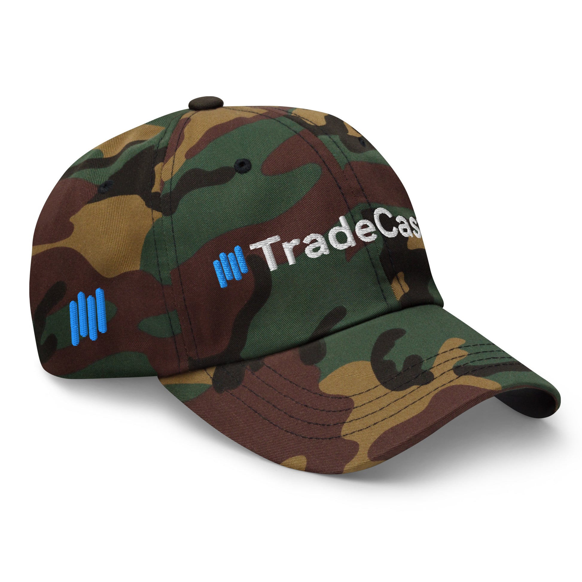 Left side angle on green camo hat showing "TradeCast" white text and blue bars