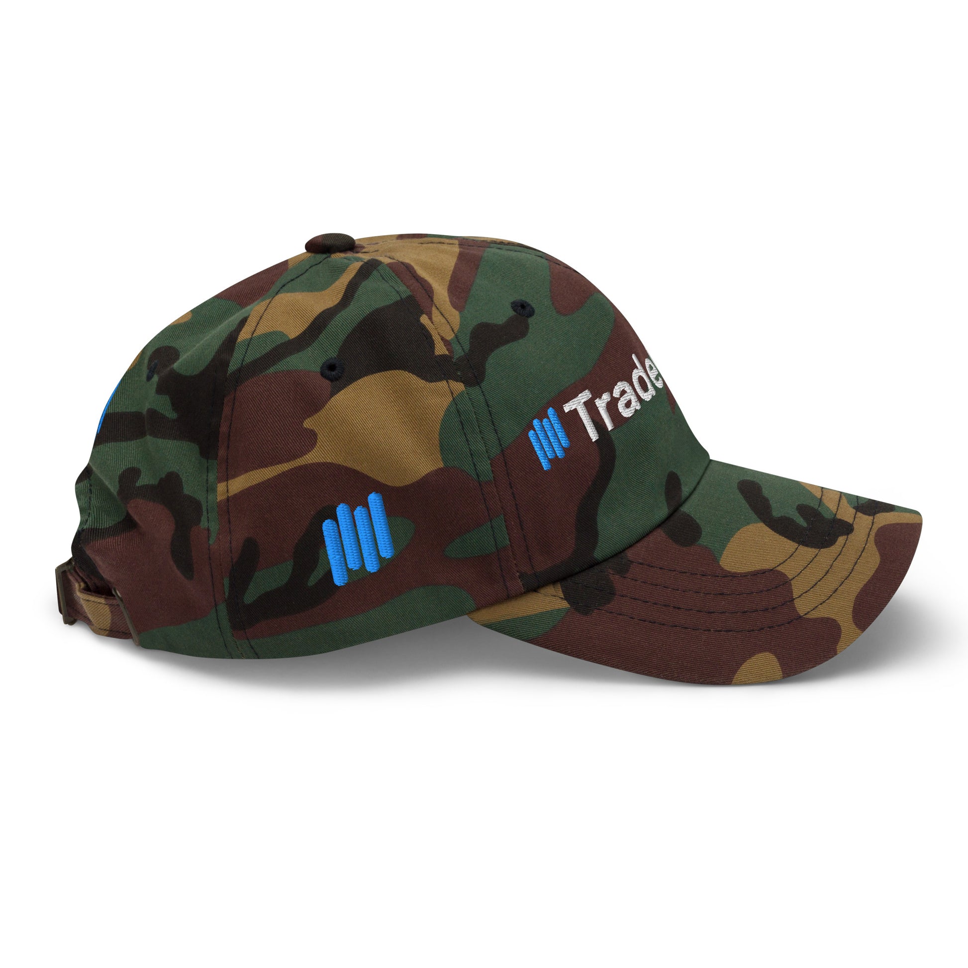 Right side of green camo dad cap with partial "|| Trade" blue-and-white embroidery