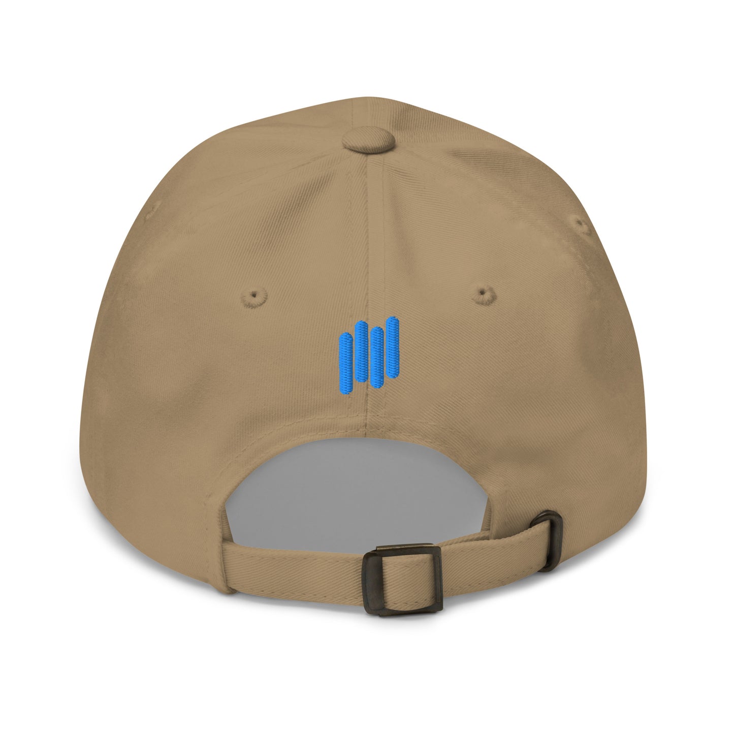 Straight-on front of tan TradeCaster hat, blue-accented white embroidery popping