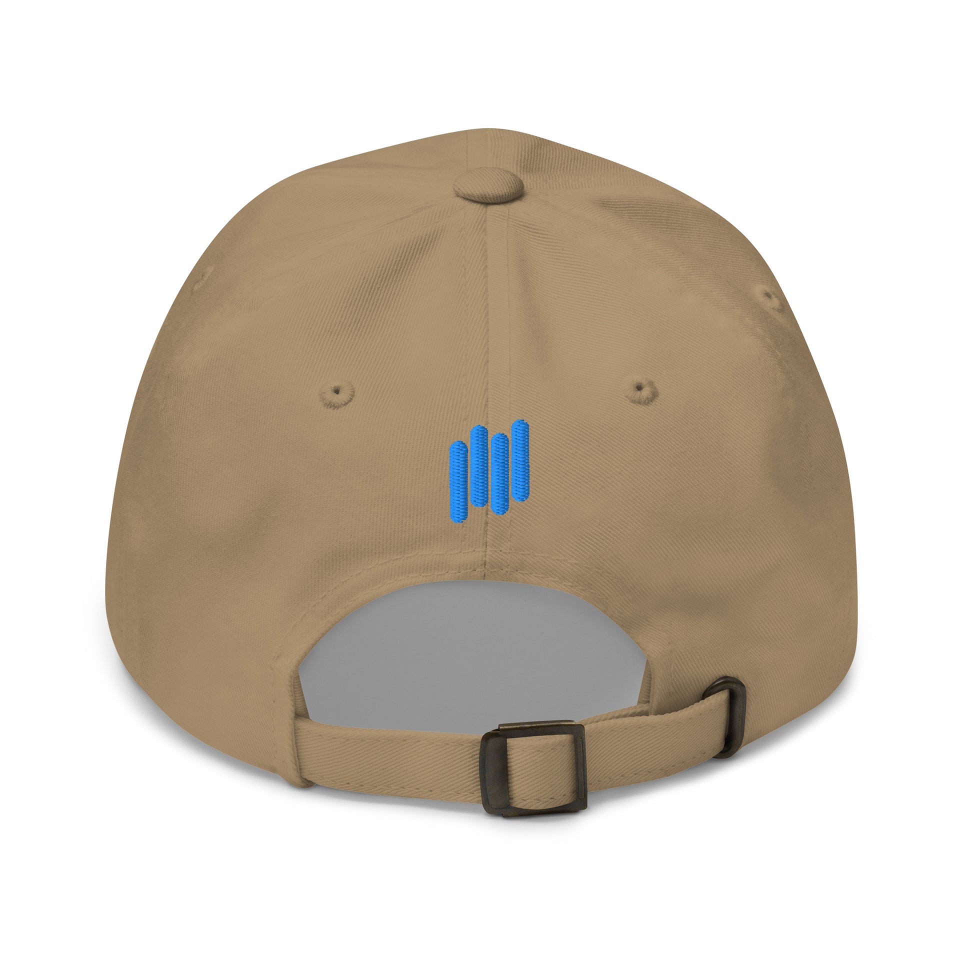 Straight-on front of tan TradeCaster hat, blue-accented white embroidery popping
