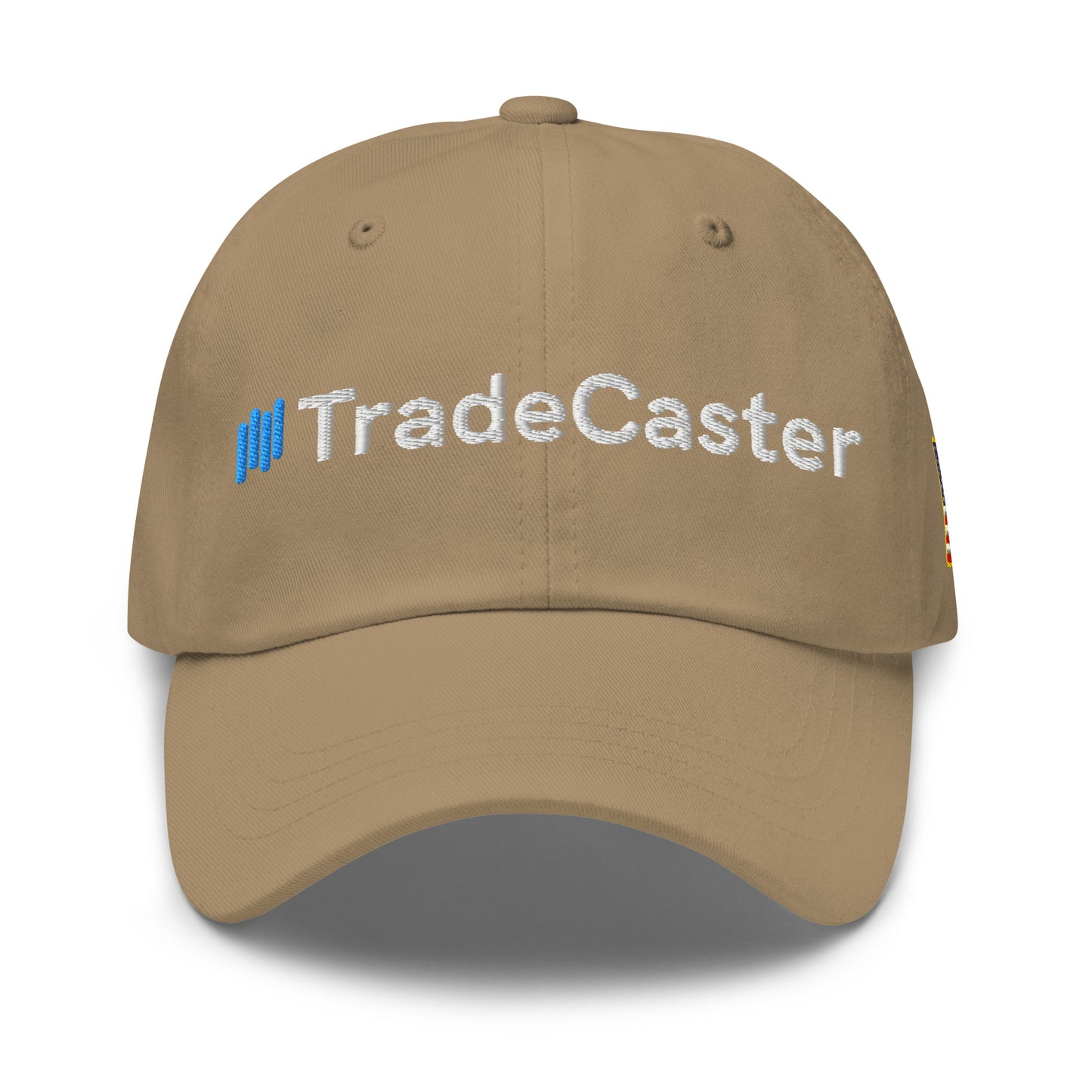 Front view of khaki dad hat with full blue-barred "TradeCaster" white embroidery across panels