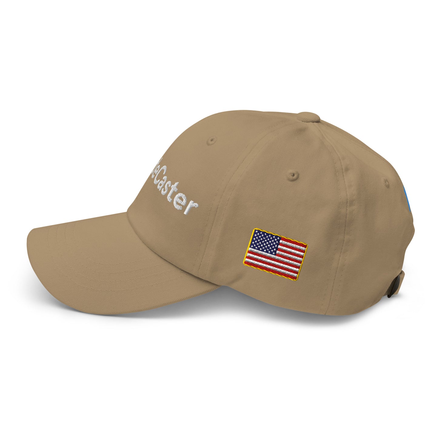 Side profile of tan dad hat featuring "Caster" embroidery, blue bars, and US flag patch