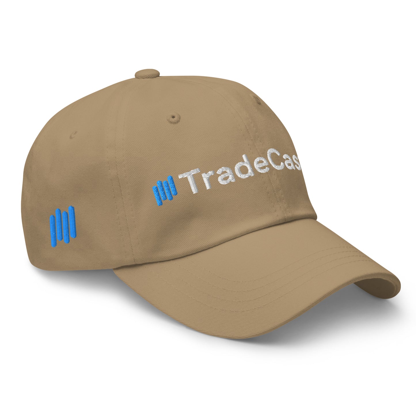 Left side view of khaki hat with partial "TradeCas" white embroidery and blue bars