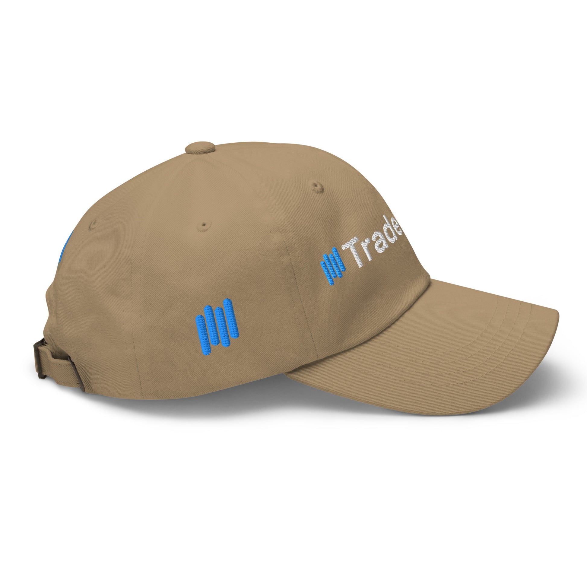 Right side angle of tan TradeCaster cap showing blue bars and "Trade" embroidery