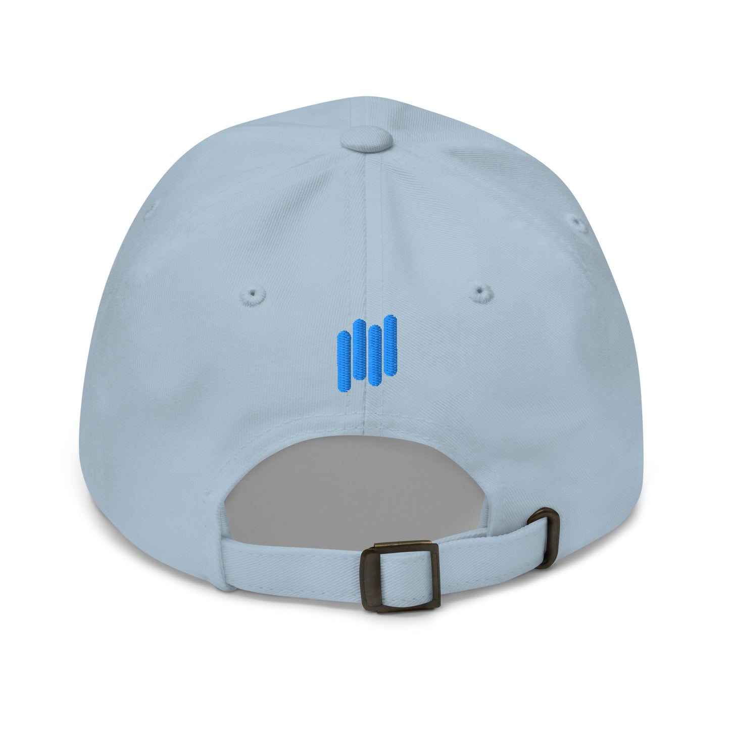 Back view of light blue dad hat with blue bars embroidery, adjustable brass buckle strap
