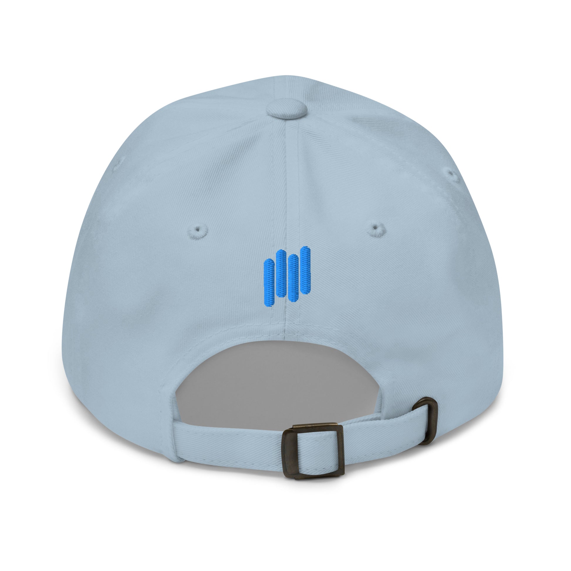 Back view of light blue dad hat with blue bars embroidery, adjustable brass buckle strap