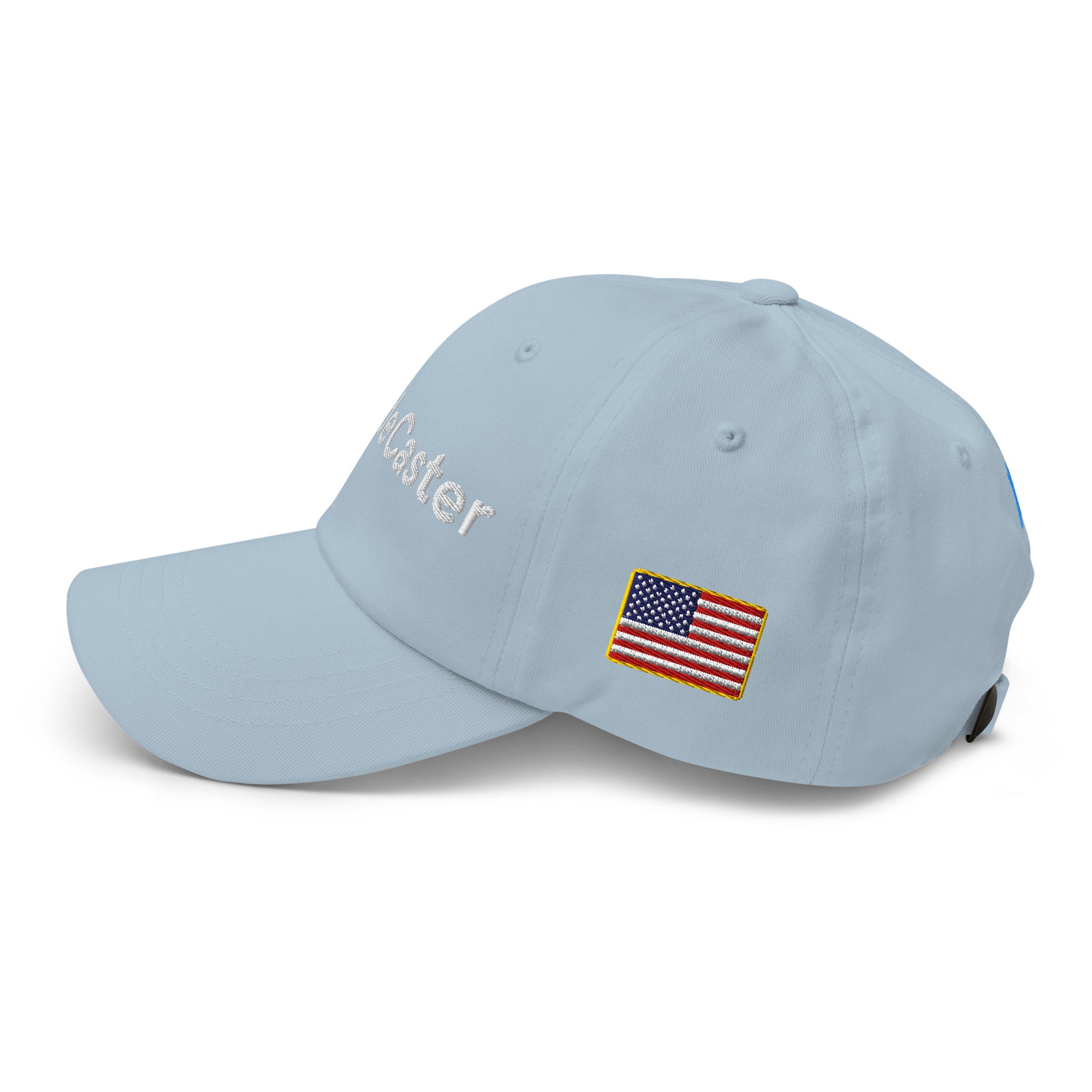 Side view of light blue dad hat with "Caster" white embroidery and small American flag patch