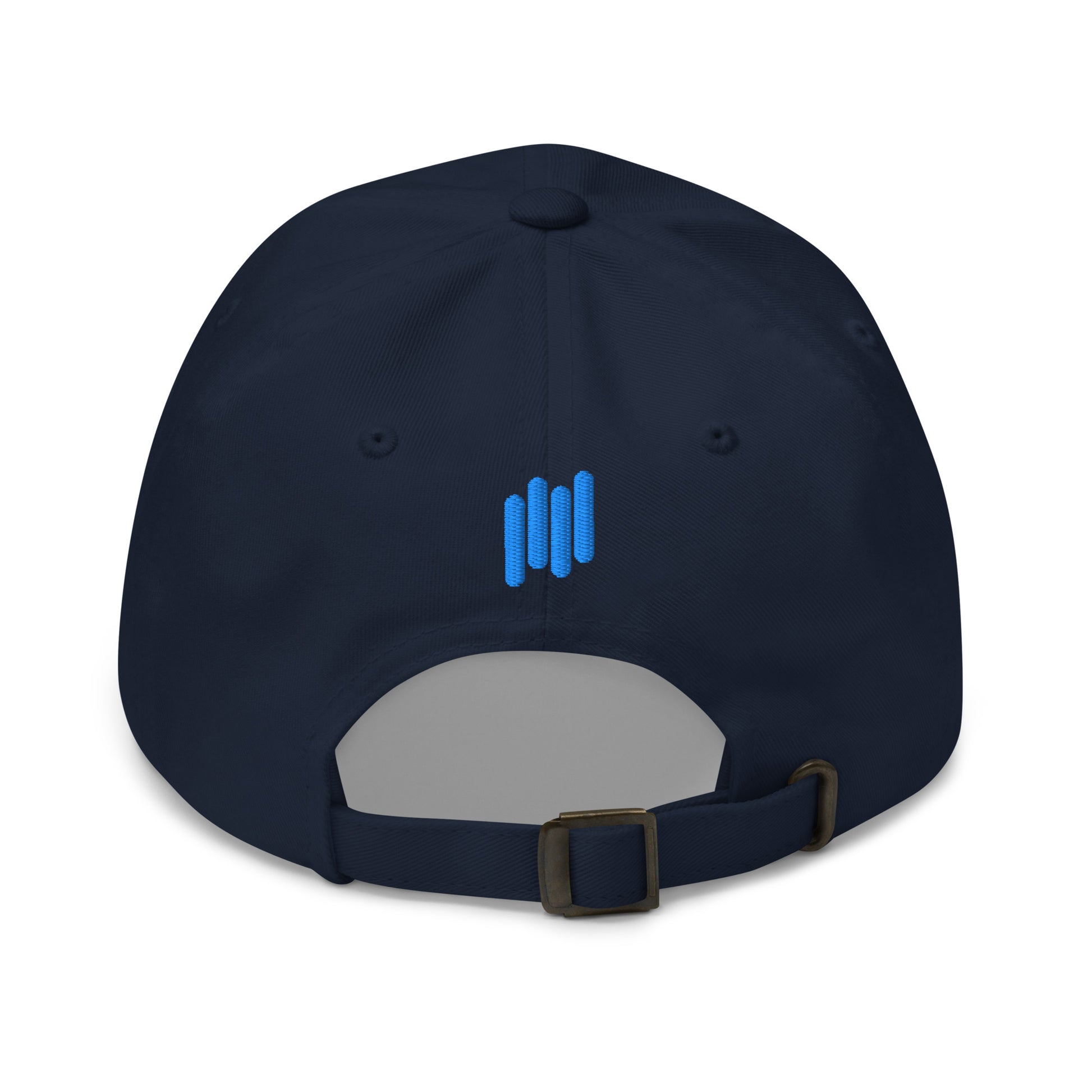 Back view of navy hat with blue vertical bars embroidery and antique buckle strap
