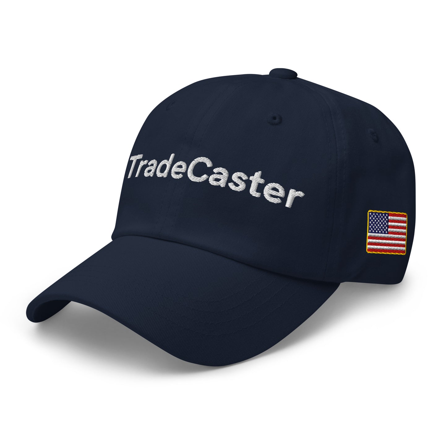 Angled front-right of navy TradeCaster cap with white text embroidery and flag patch