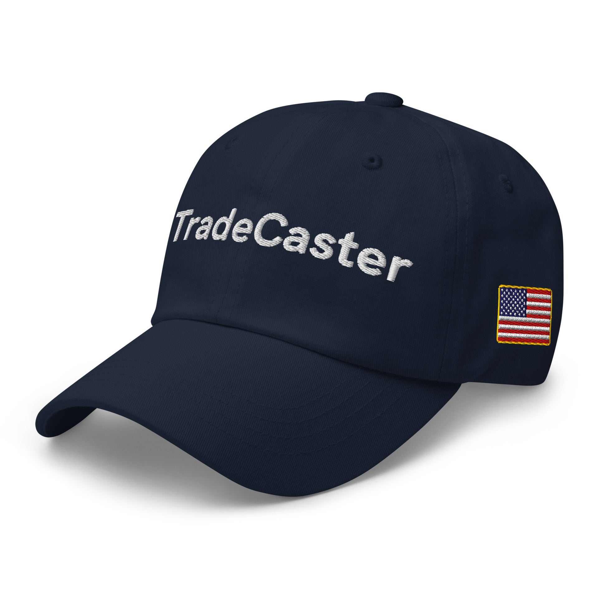 Angled front-right of navy TradeCaster cap with white text embroidery and flag patch
