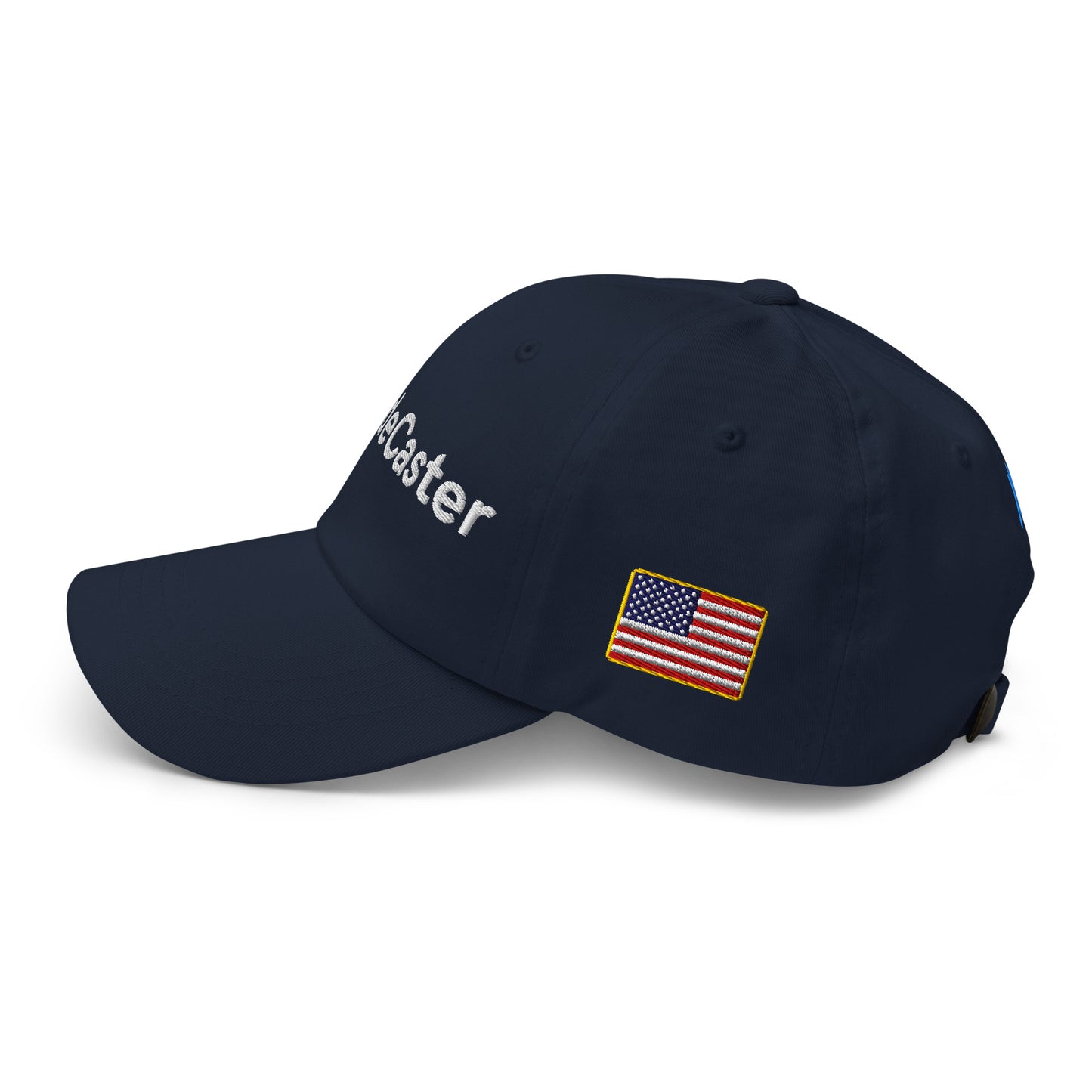 Side profile of navy hat displaying "Caster" embroidery and small American flag patch
