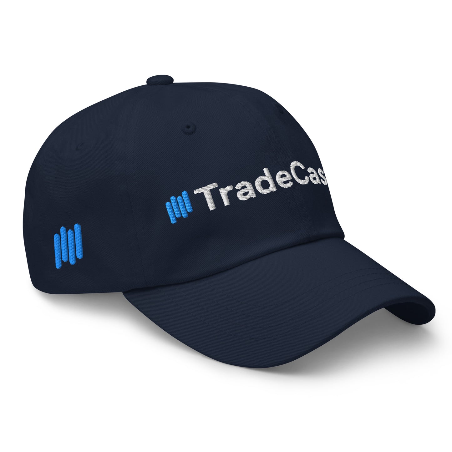 Left side angle of navy cap with "TradeCas" in white embroidery and blue bars