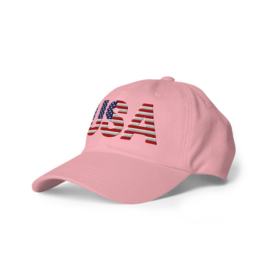 Front view of pink USA baseball hat with red-white-blue flag-style embroidery, low-profile fit