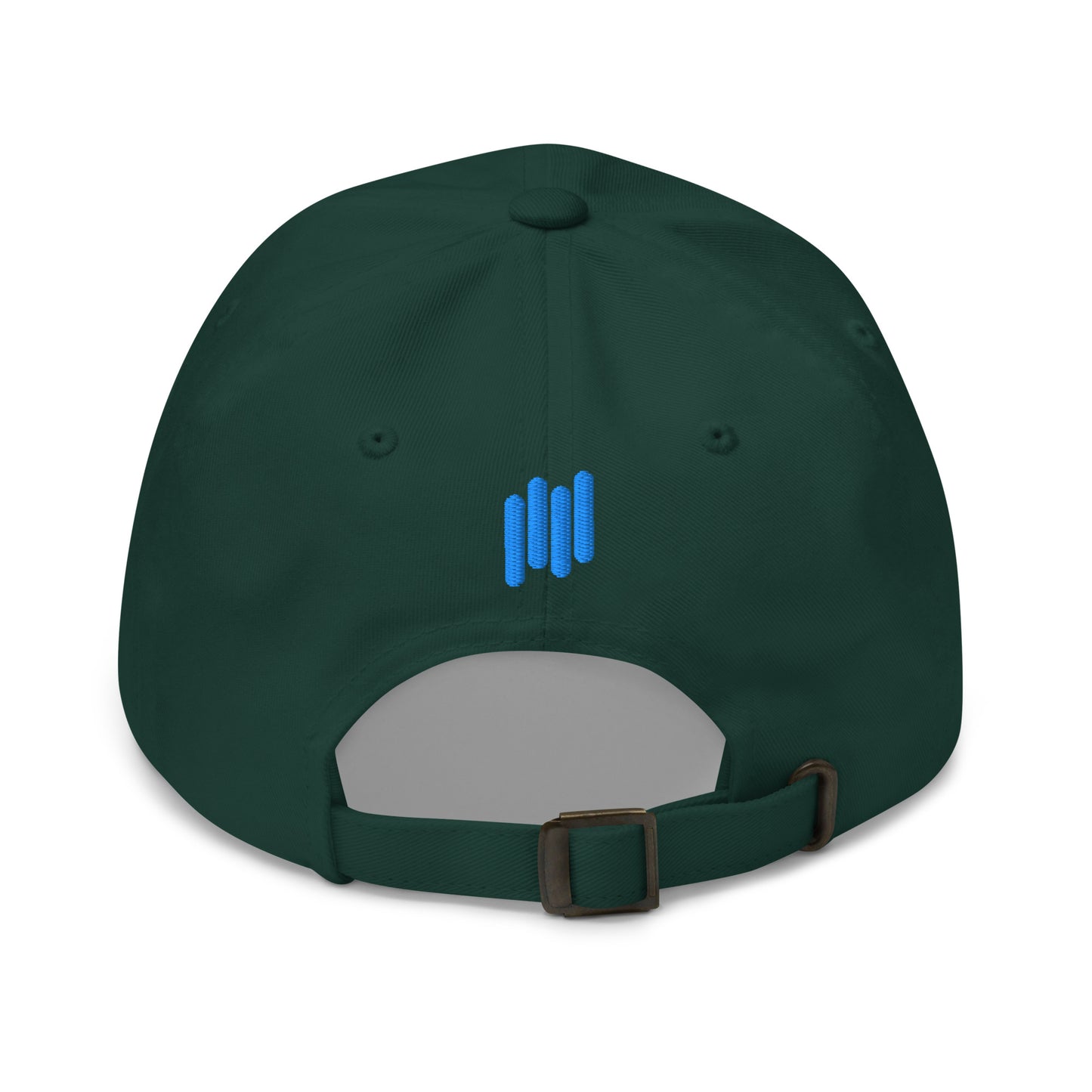 Back view of spruce green hat with blue vertical bar "|||" embroidery and antique buckle strap