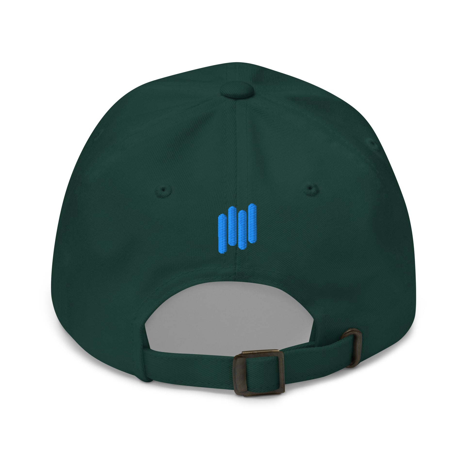 Back view of spruce green hat with blue vertical bar "|||" embroidery and antique buckle strap