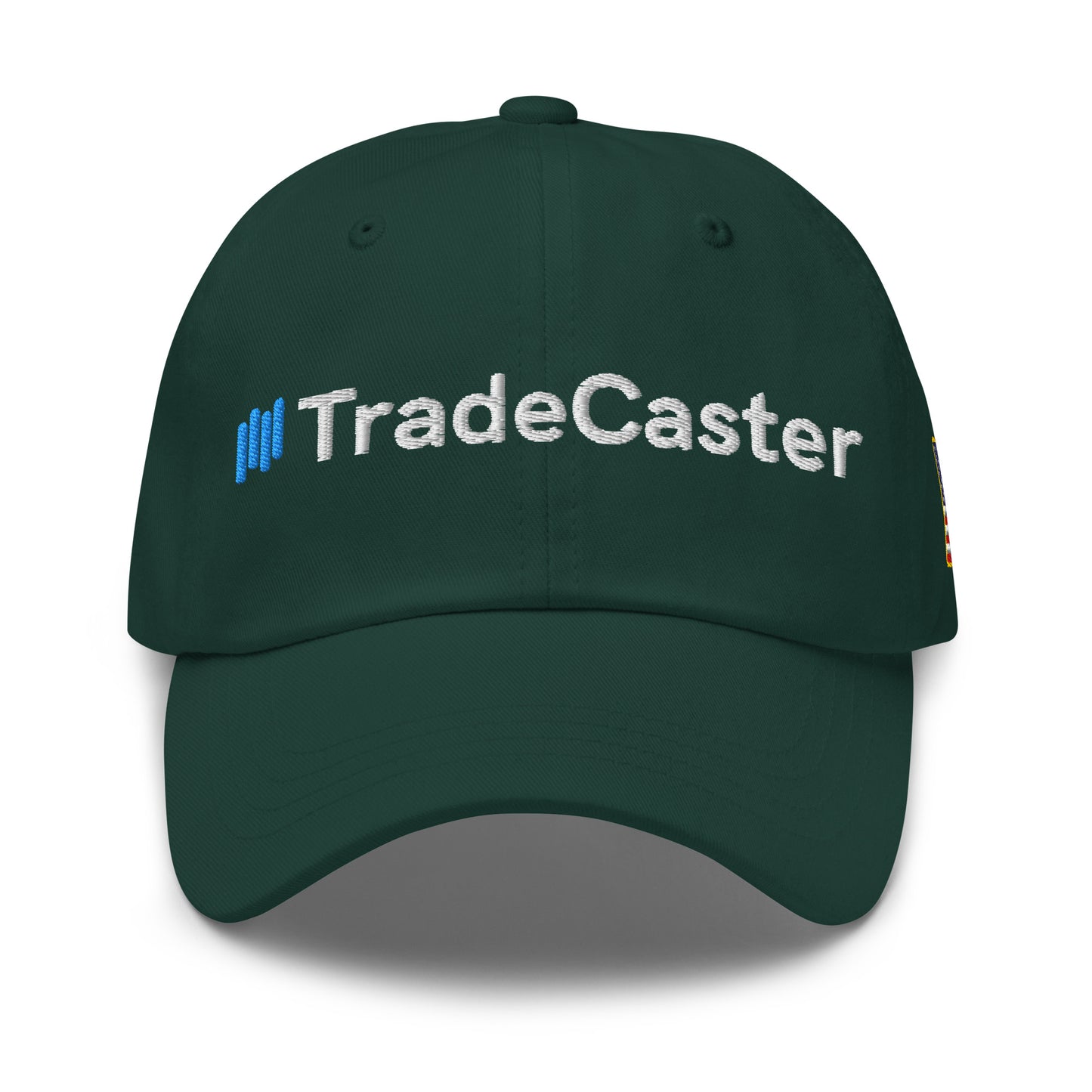 Front view of spruce green TradeCaster hat with white "||TradeCaster" embroidery accented in blue