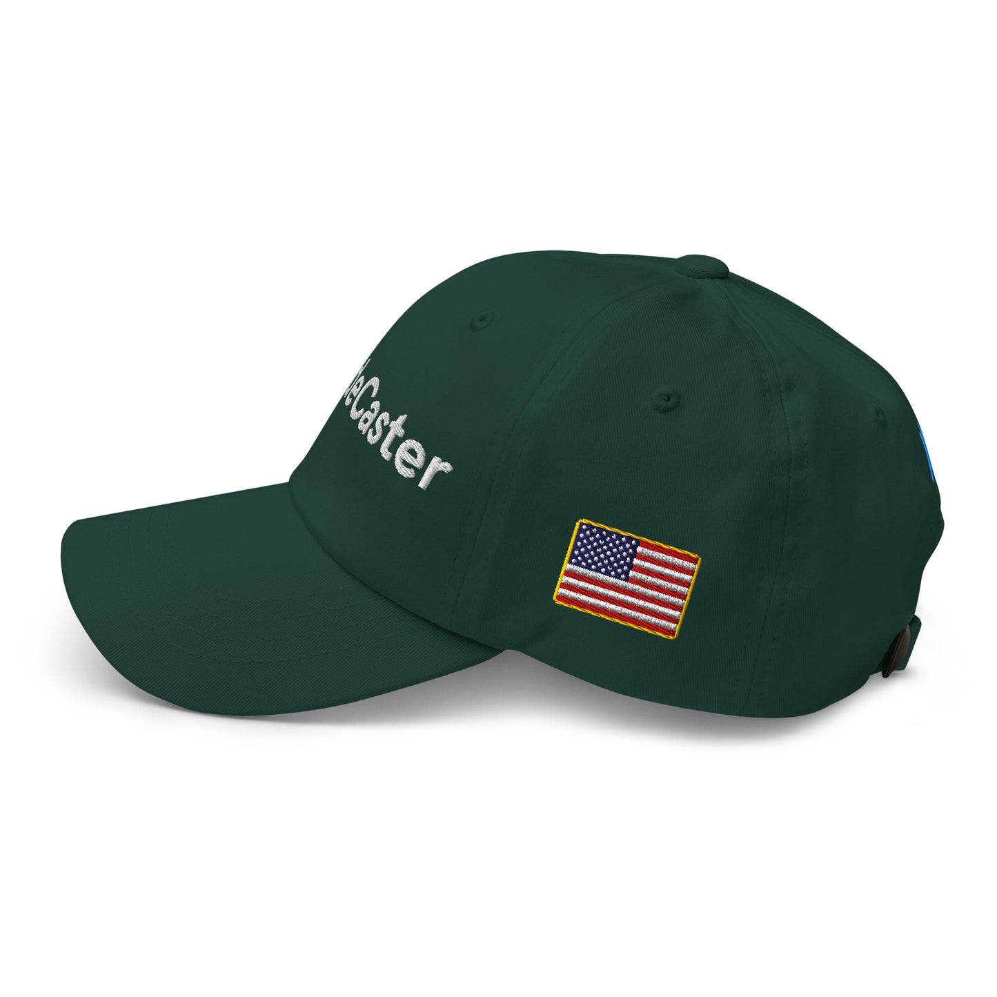 Side profile of spruce green hat with "TradeCaster" embroidery and small US flag patch