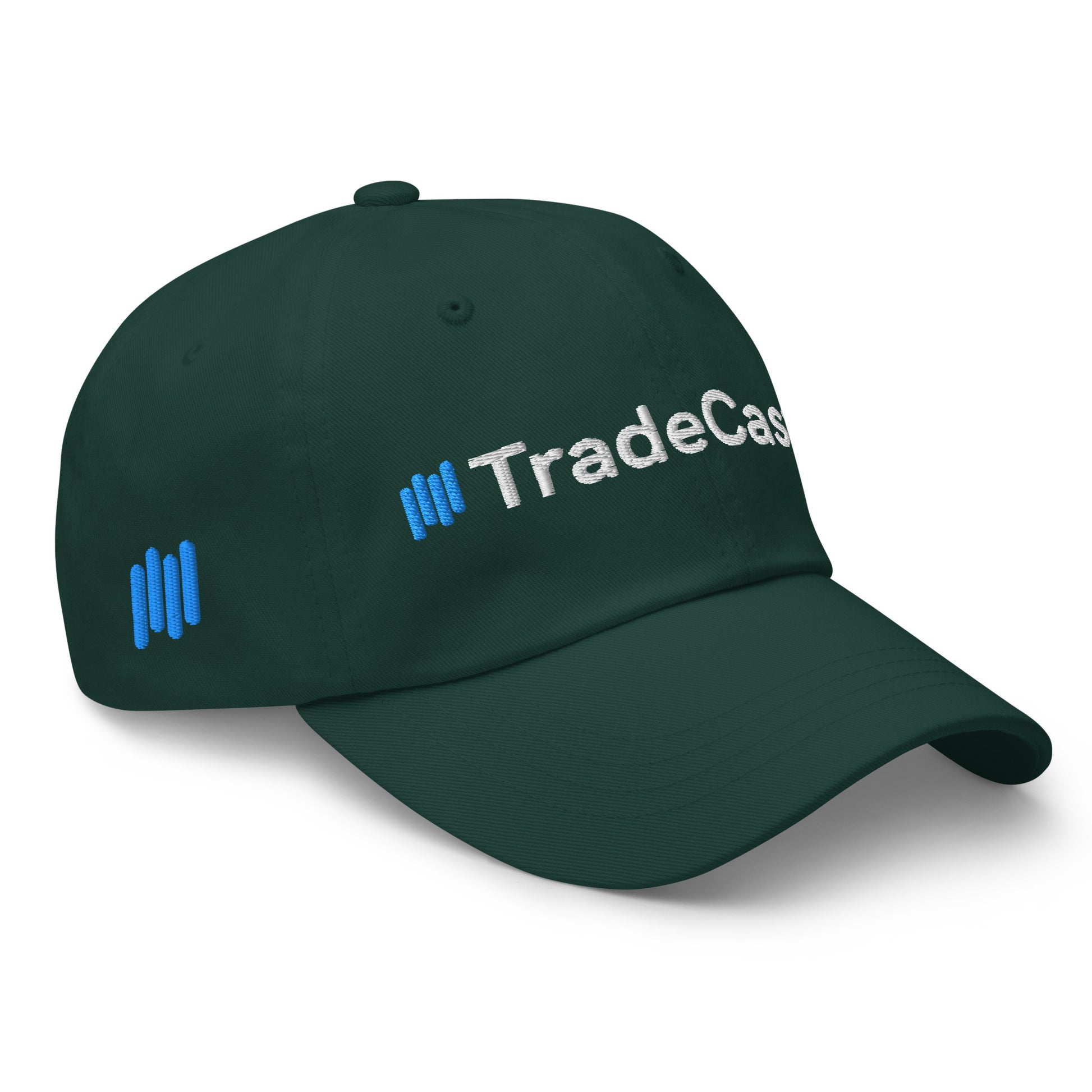 Left side angle of spruce green TradeCaster hat with "||TradeCas" white embroidery and blue bars
