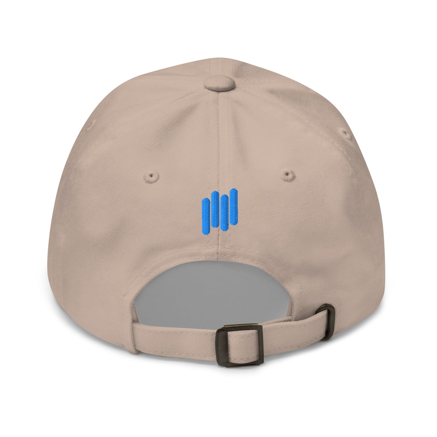 Backside of tan dad hat displaying bold blue triple-bar embroidery and strap
