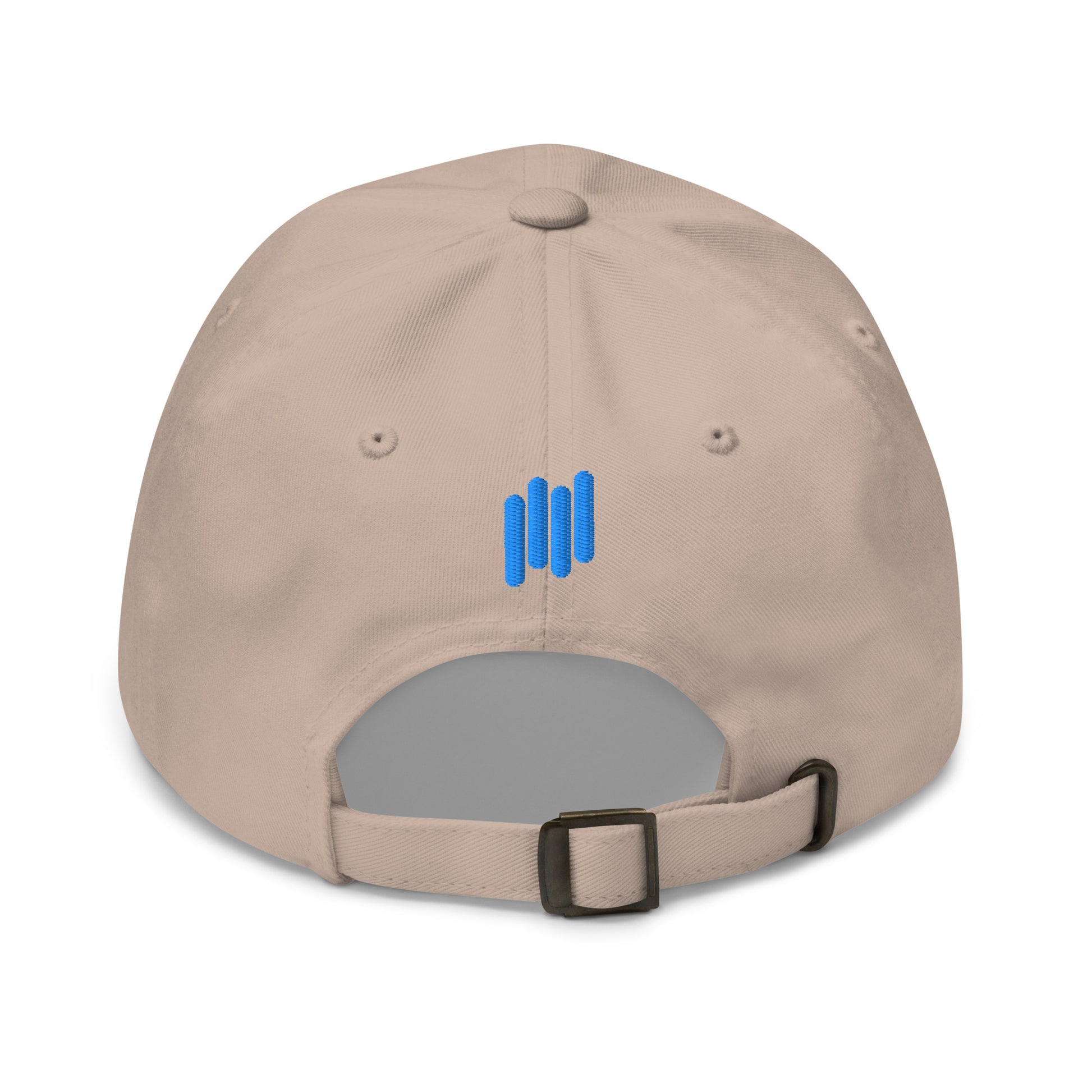 Backside of tan dad hat displaying bold blue triple-bar embroidery and strap