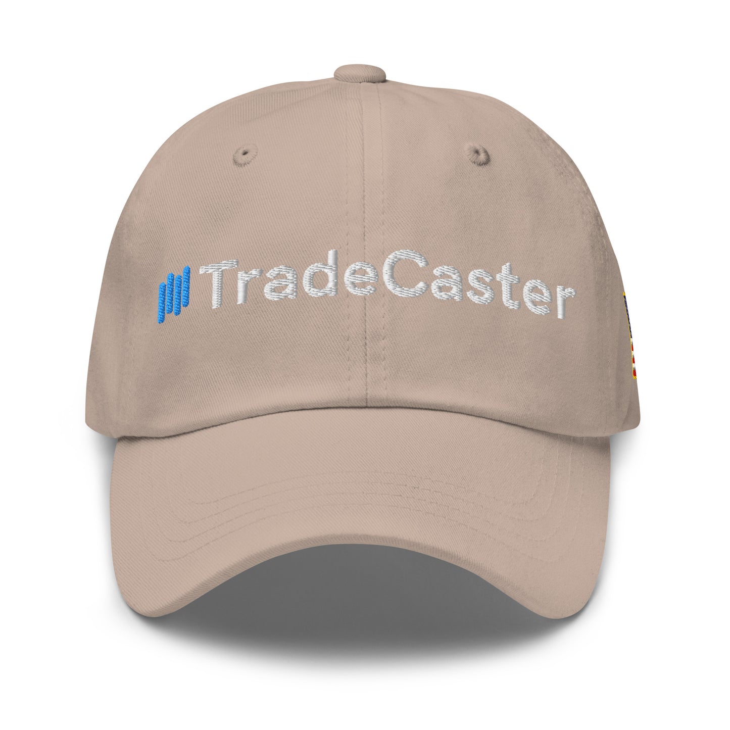 Right-side shot of khaki cap highlighting "Trade" embroidery and blue vertical bars