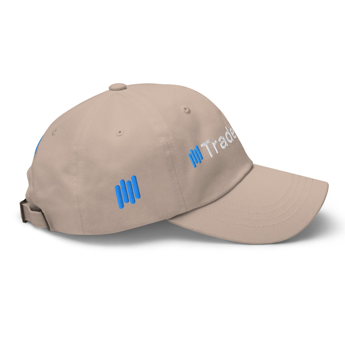 Opposite side angle on tan dad hat with "TradeC" partial embroidery and blue accents