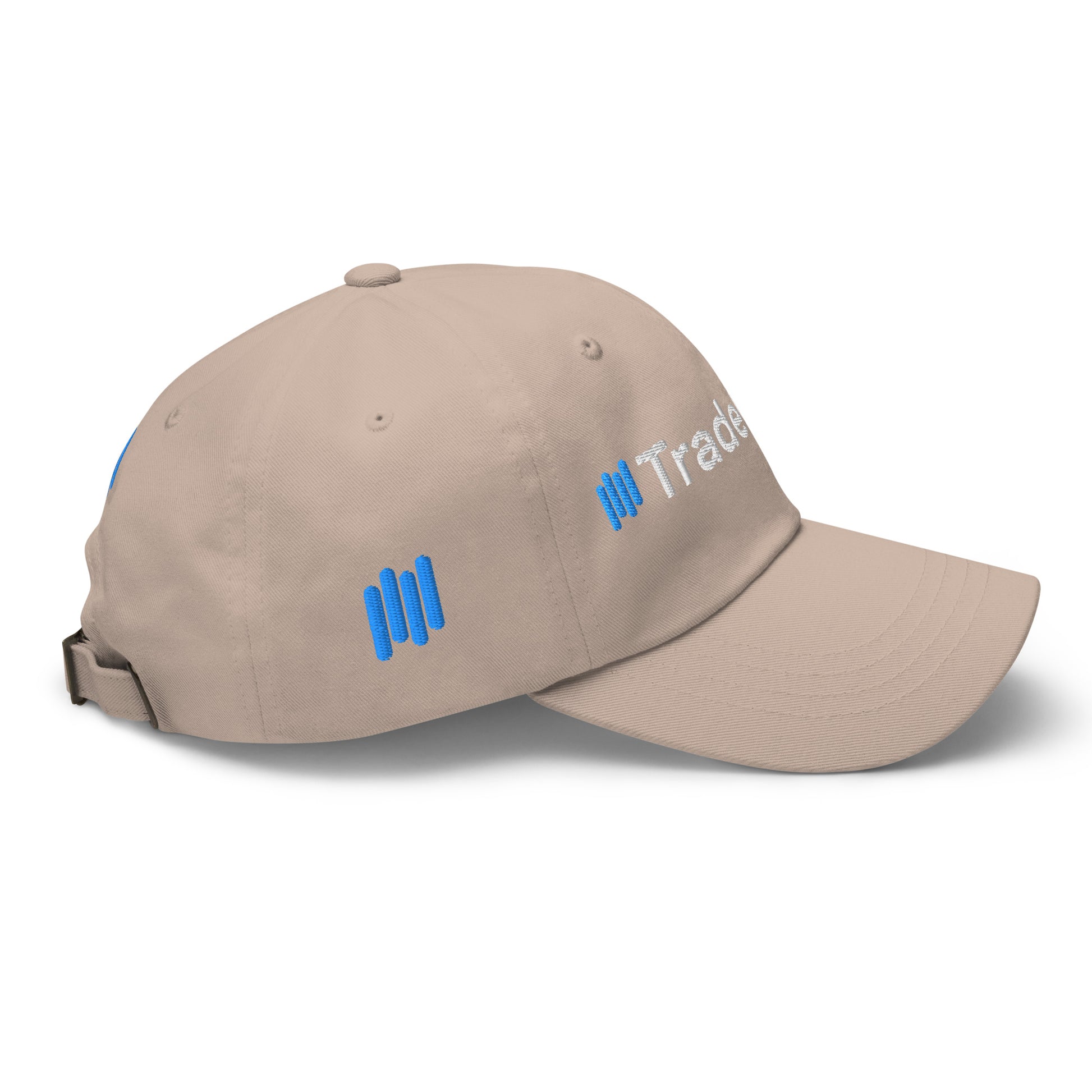 Opposite side angle on tan dad hat with "TradeC" partial embroidery and blue accents