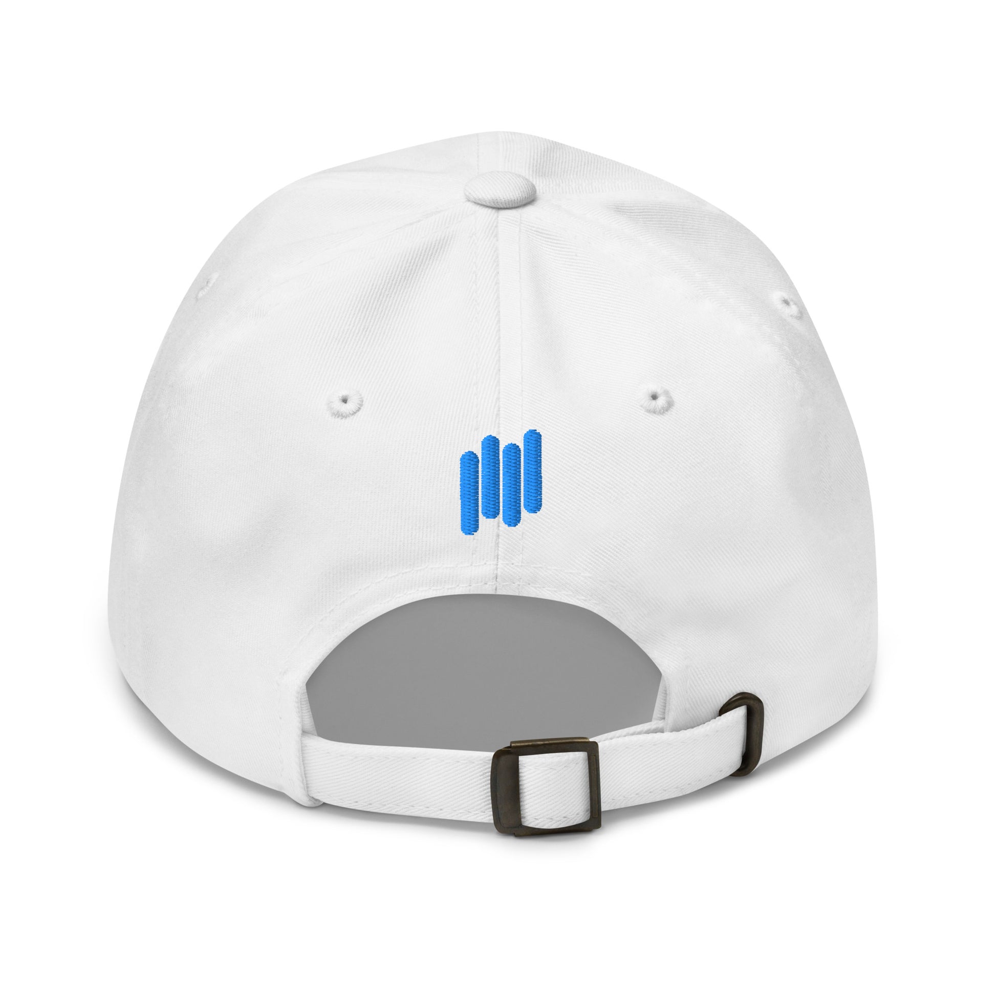 Back view of white dad hat featuring blue bars embroidery and antique brass strap buckle