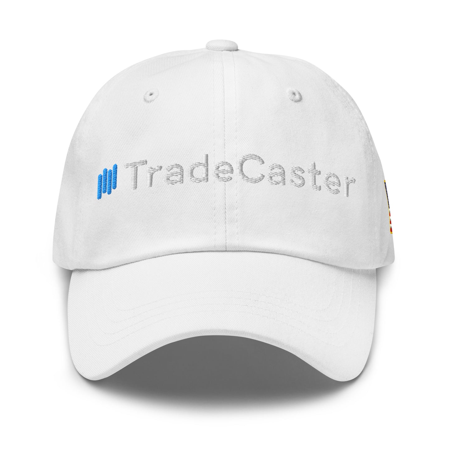 Front view of white unstructured dad hat with white-on-white "||TradeCaster" embroidery, blue bars