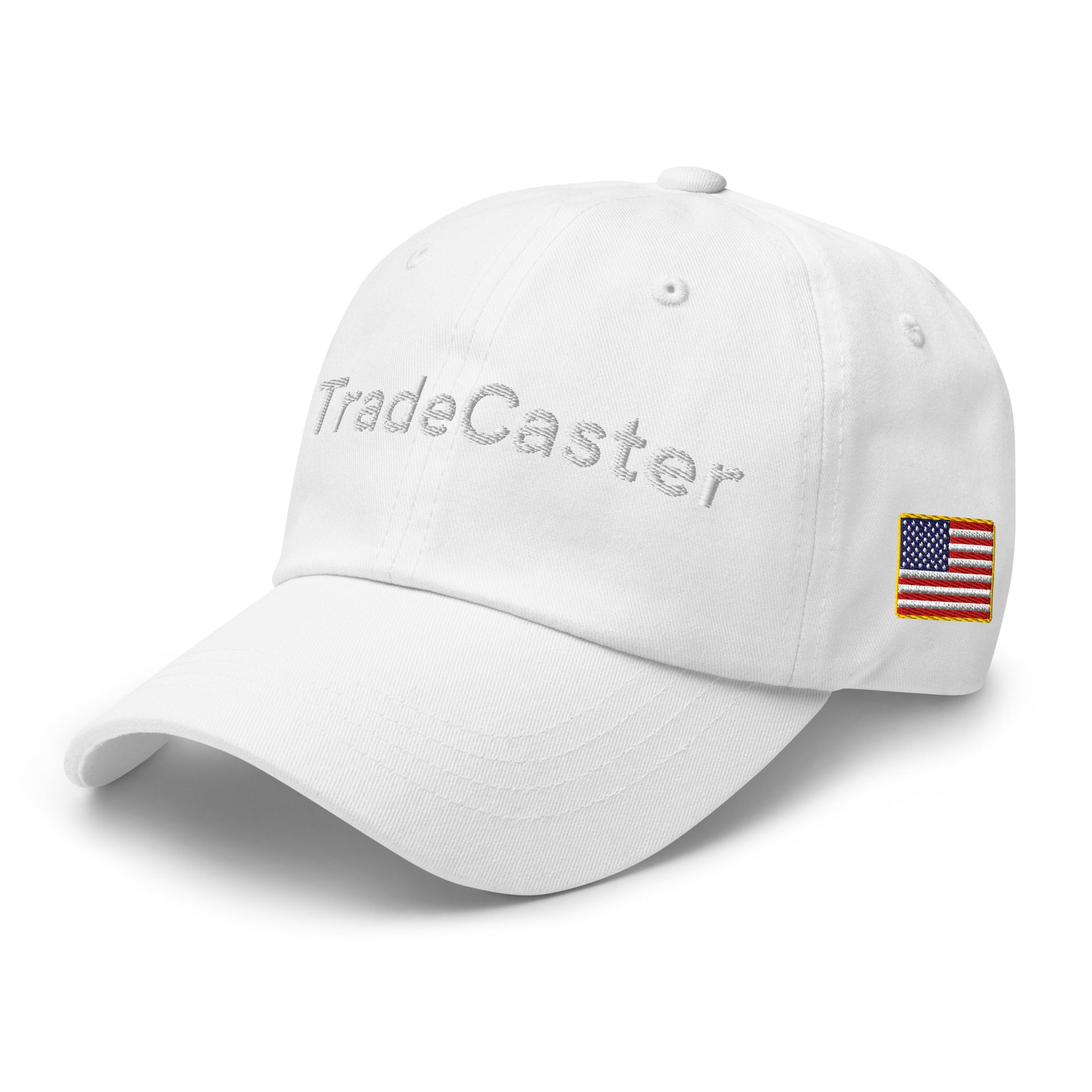 Front-right view of white dad hat with "TradeCaster" embroidery and US flag patch