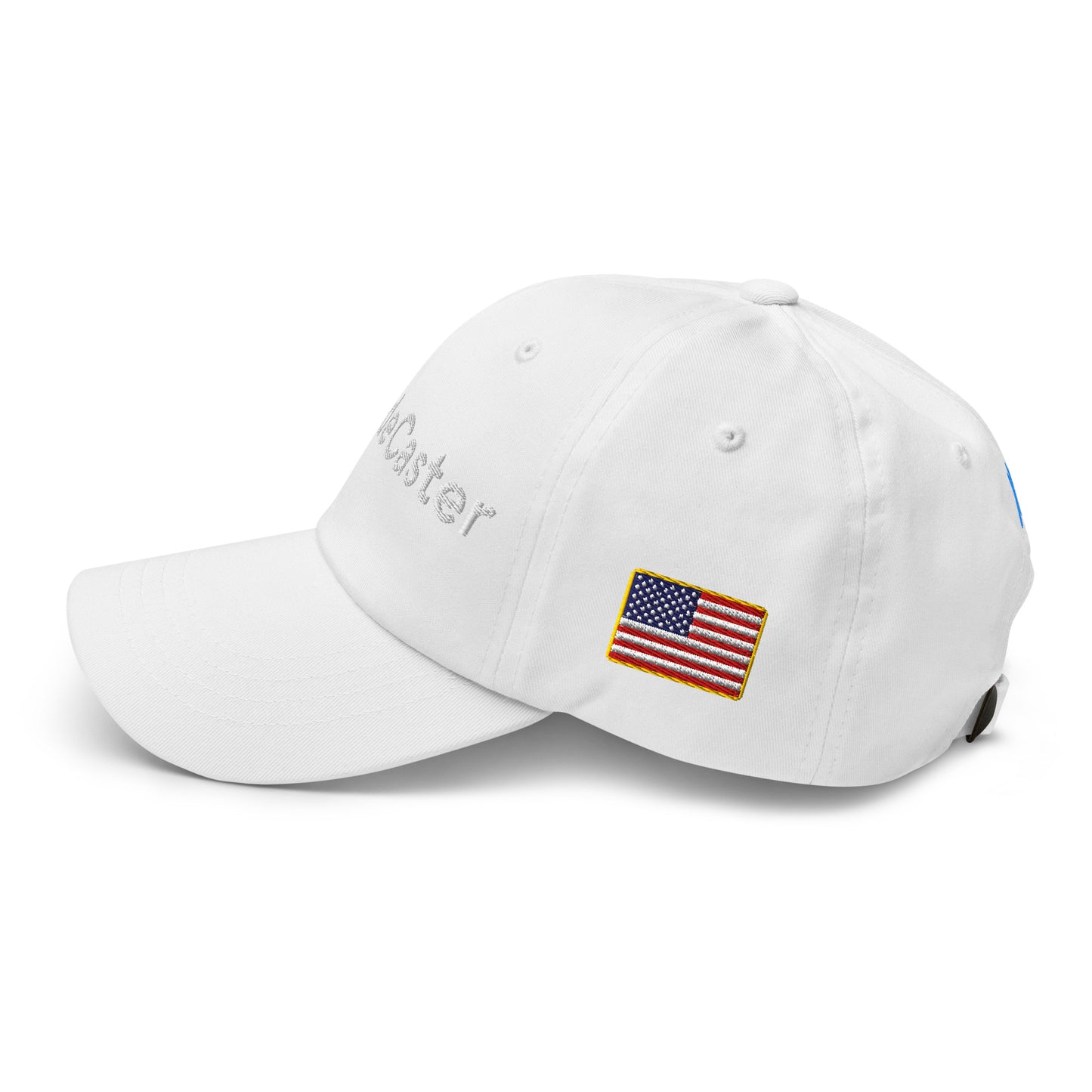 Side view of white dad hat showing "Caster" embroidery plus tiny American flag patch