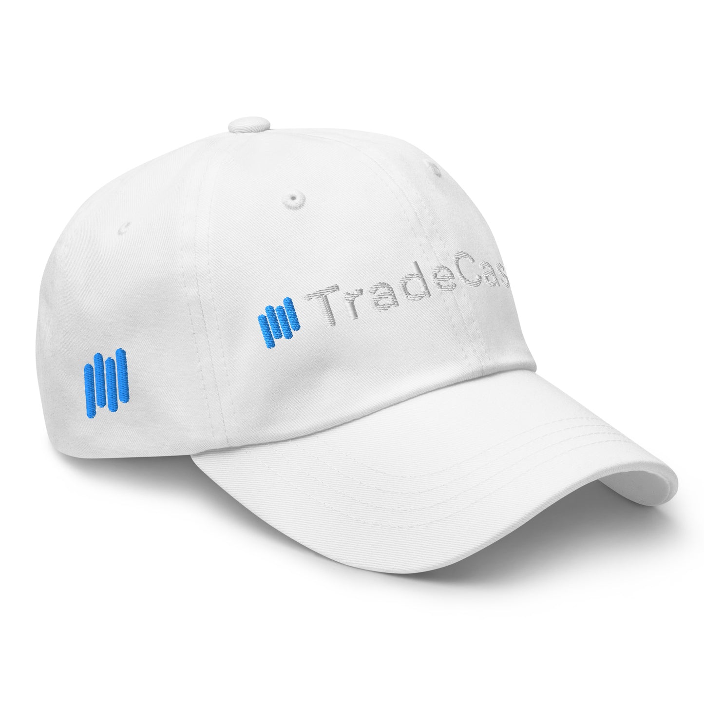 Left side angle of white dad hat with "TradeCas" embroidery and blue bars detail