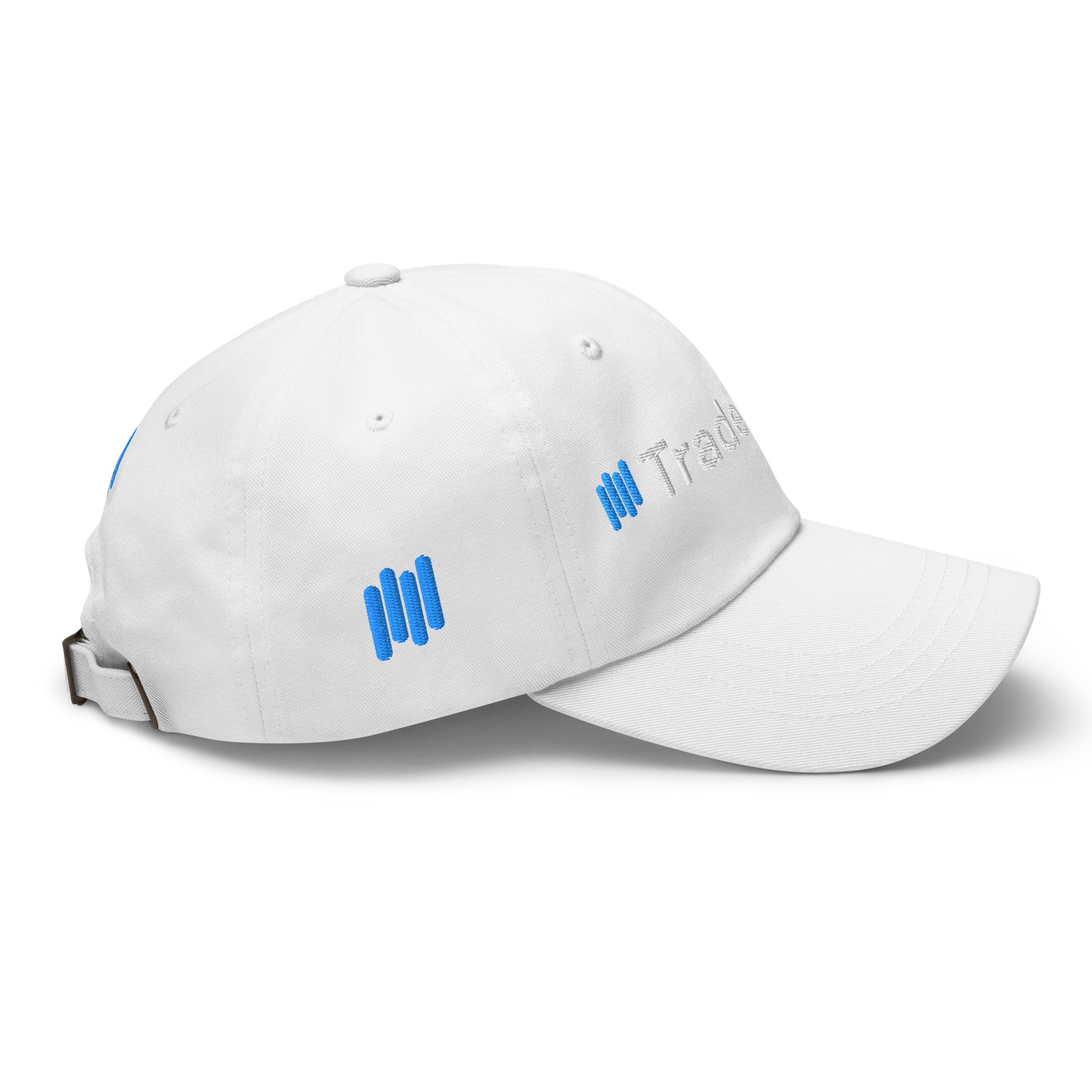 Right side of white dad hat displaying partial "Trade" white embroidery and blue bars