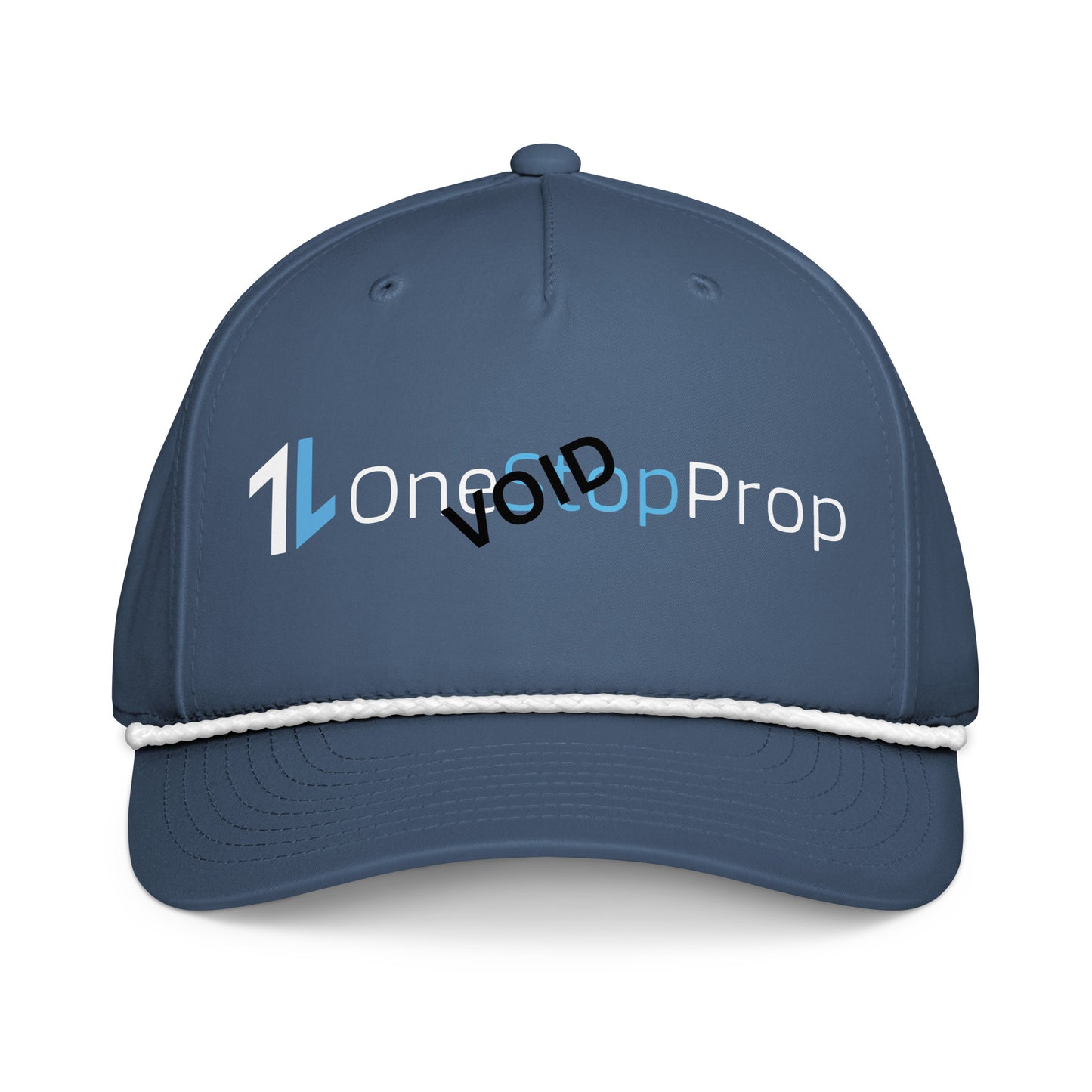 Front view of navy OneStopProp rope cap with stylized "1OneStopProp" embroidery and white braided rope bill