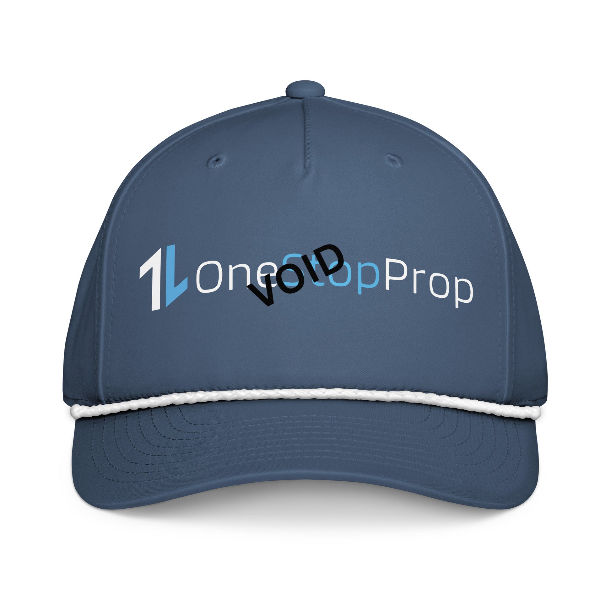 Front view of navy OneStopProp rope cap with stylized "1OneStopProp" embroidery and white braided rope bill