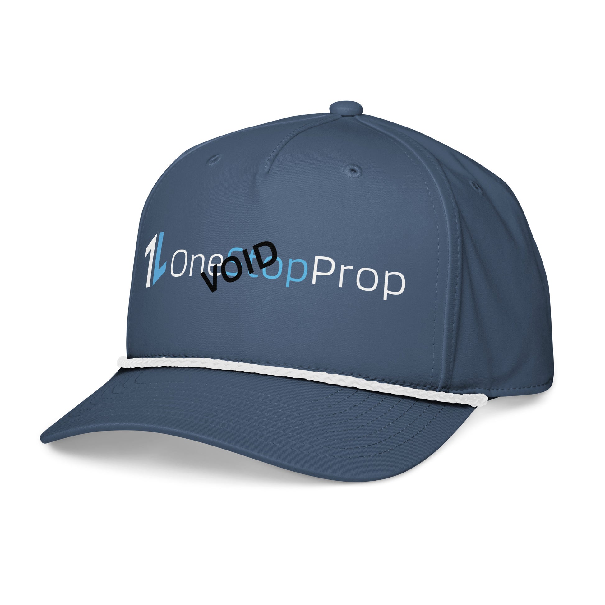 Angled front-left view of navy OneStopProp cap with logo embroidery and white rope bill