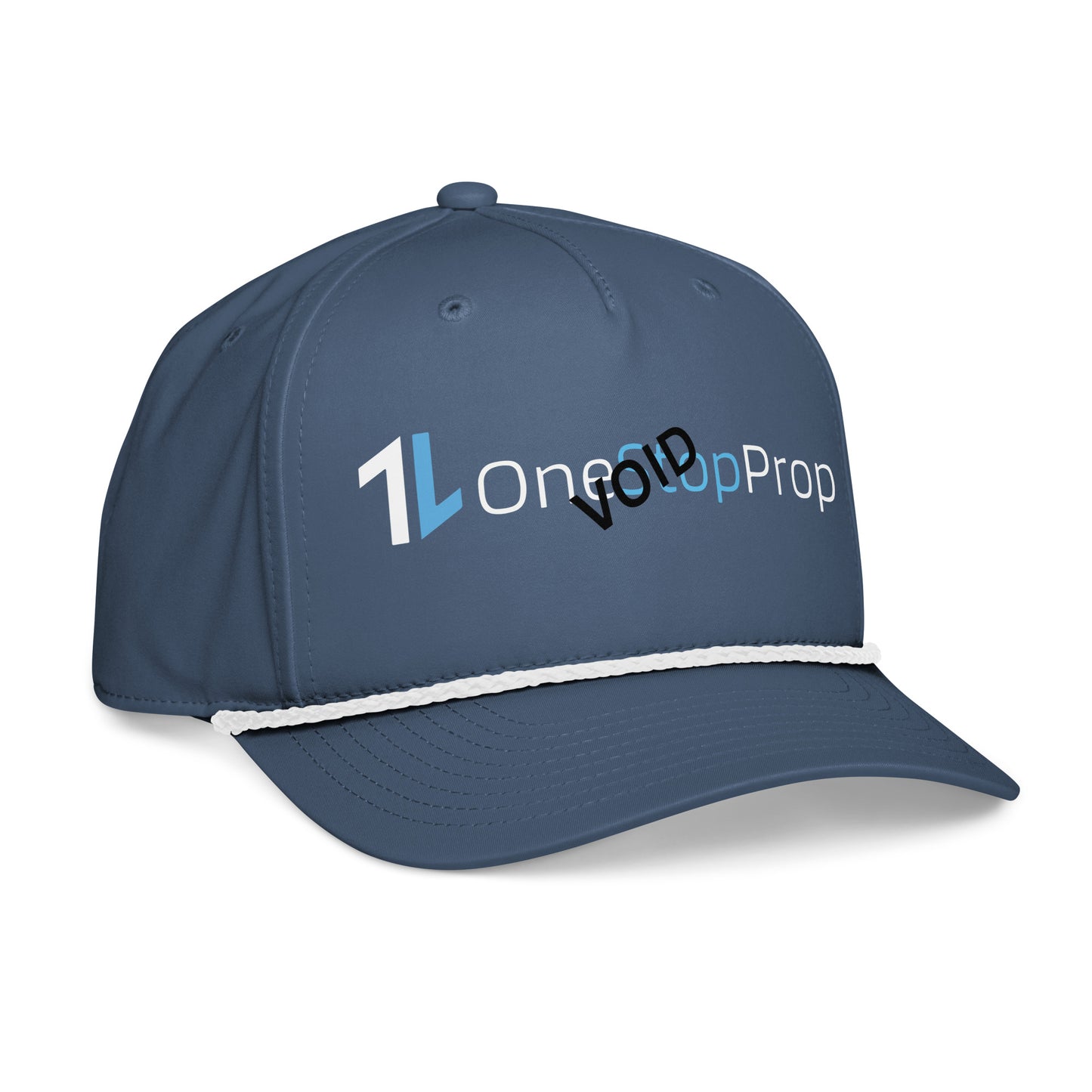 Side-front-right view of navy OneStopProp rope cap, logo and white braided bill shining